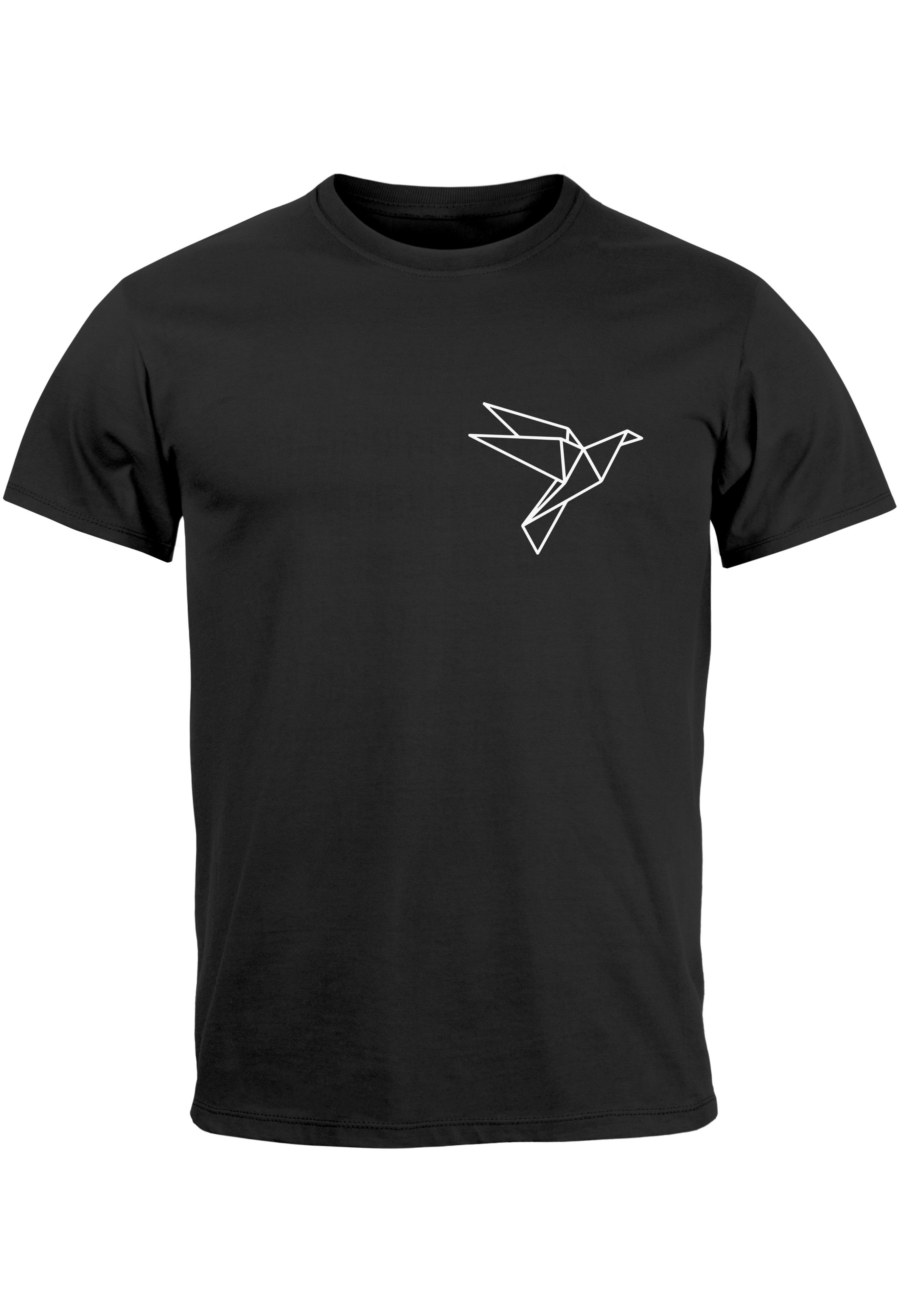 Neverless Print-Shirt Herren T-Shirt Aufdruck Vogel Origami Polygon Brustprint Logo Fashion mit Print schwarz