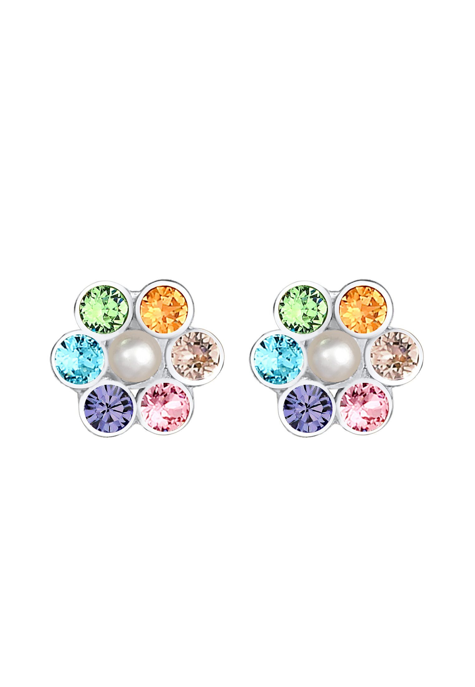 Elli Paar Ohrstecker Kinder Blume Synthetische Perle Regenbogen Kristall  925 Silber, Farbenfrohes Accessoire mit zauberhafter Perle | Ohrhänger