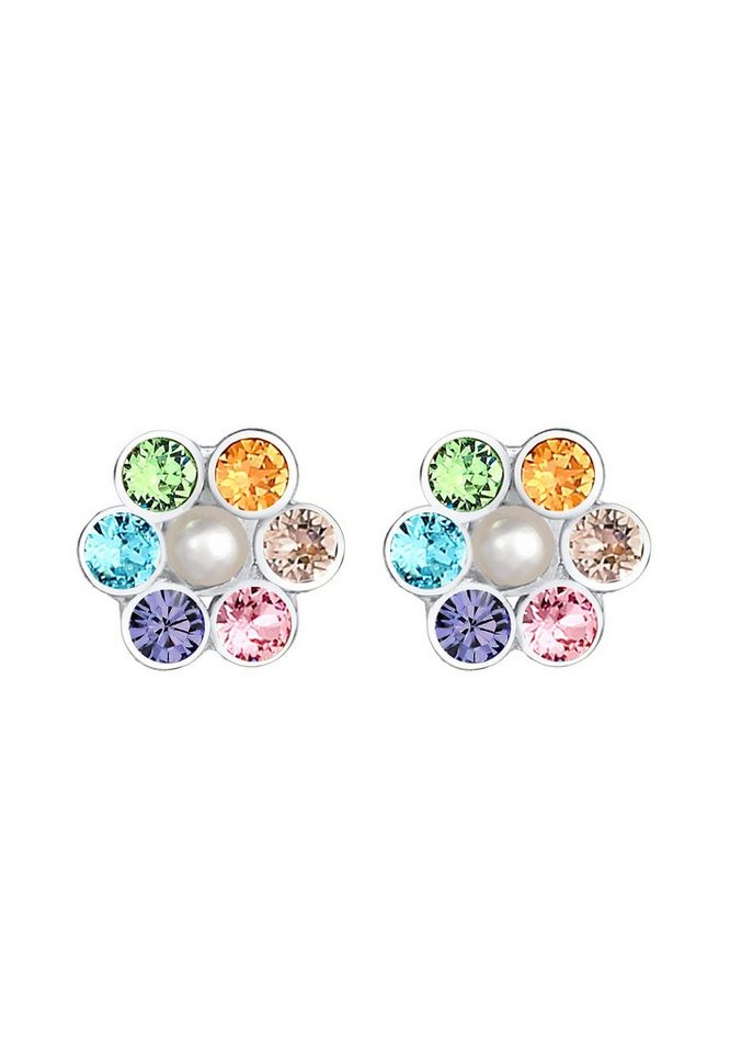 Elli Paar Ohrstecker Kinder Blume Synthetische Perle Regenbogen Kristall  925 Silber, Farbenfrohes Accessoire mit zauberhafter Perle
