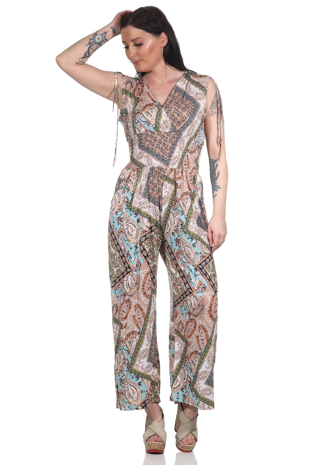 Aurela Damenmode Overall Sommerlicher Jumpsuit Damen Overall tiefer Rückenausschnitt, Träger zum Raffen