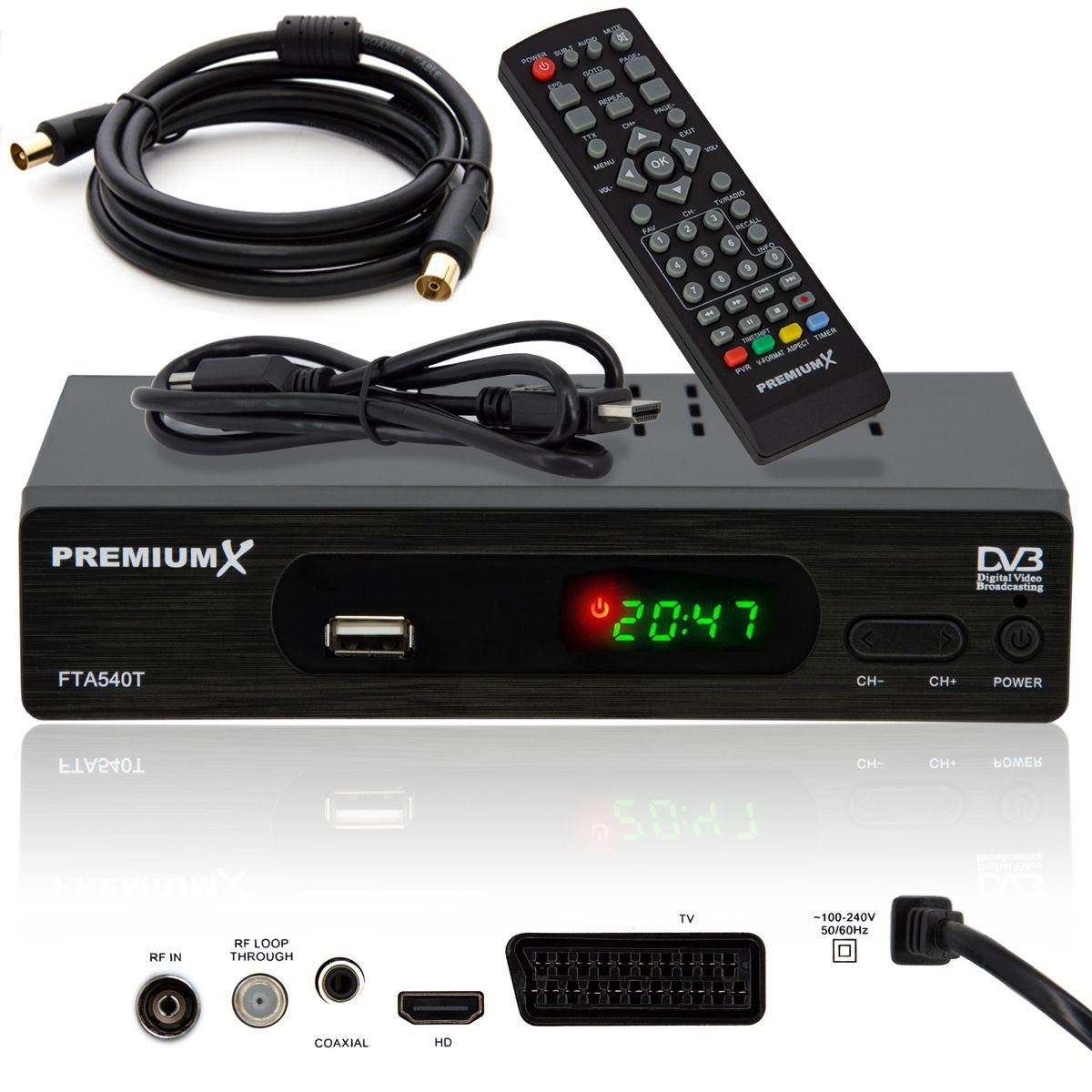 FTA 540T Full HD Digital DVB-T2 Receiver USB SCART HDMI Antennenkabel DVB-T2 Receiver