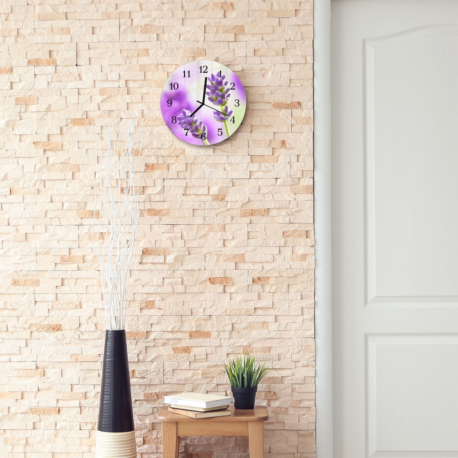 Primedeco Wanduhr Quarzuhrwerk Motiv Glas 30 Durchmesser - Wanduhr mit cm mit Rund aus und Lavendelblumen