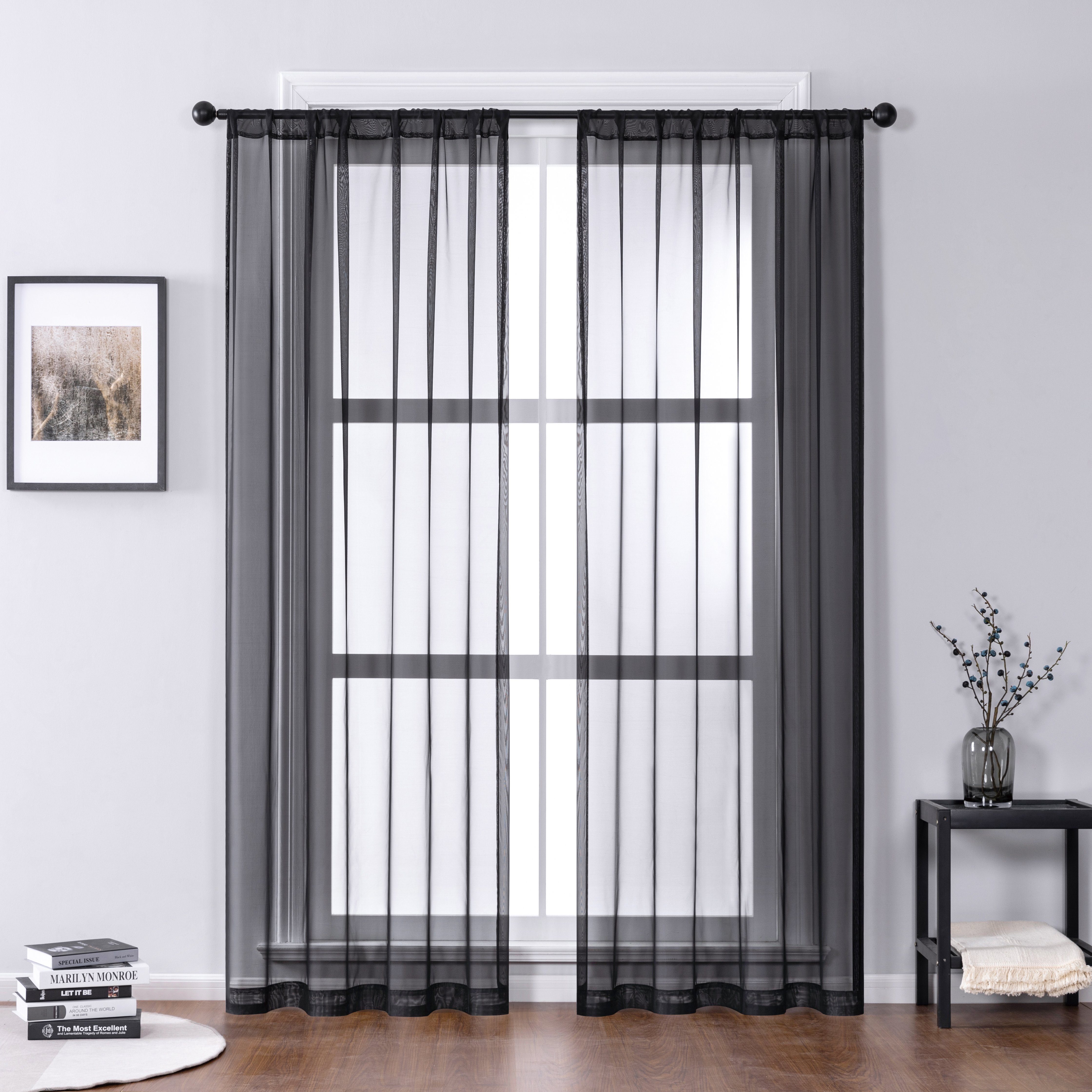 Gardine, HOMEIDEAS, Stangendurchzug (2 St), halbtransparent, Voile Vorhang leicht Schwarz