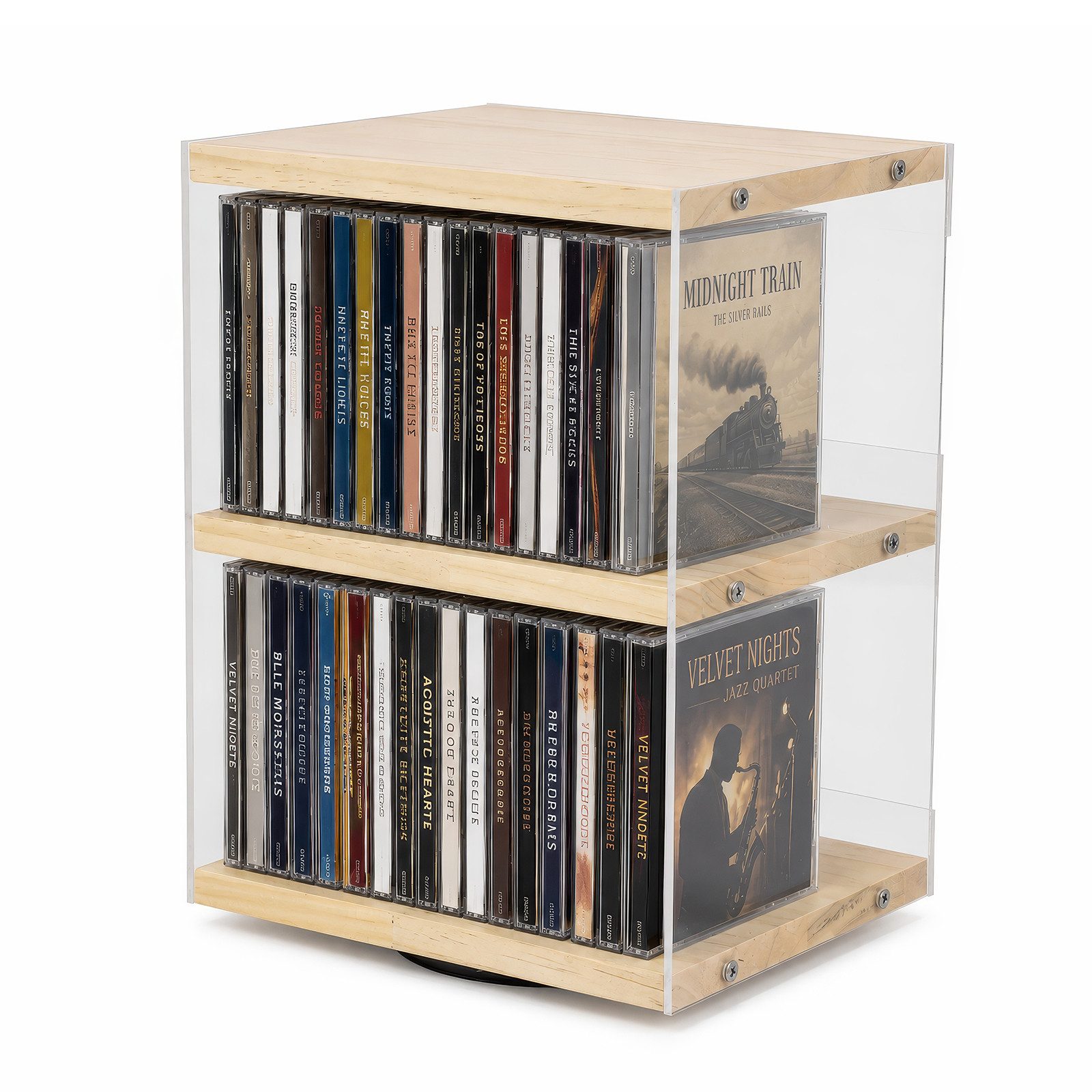 BlingBin CD-Regal Drehbarer 2 Ebenen CD-Halter aus Holz und Acryl für 36 CDs, 1er Set 1-tlg., CD-Ständer mit offener Seite und Absturzsicherung für Wohnzimmer, Büro