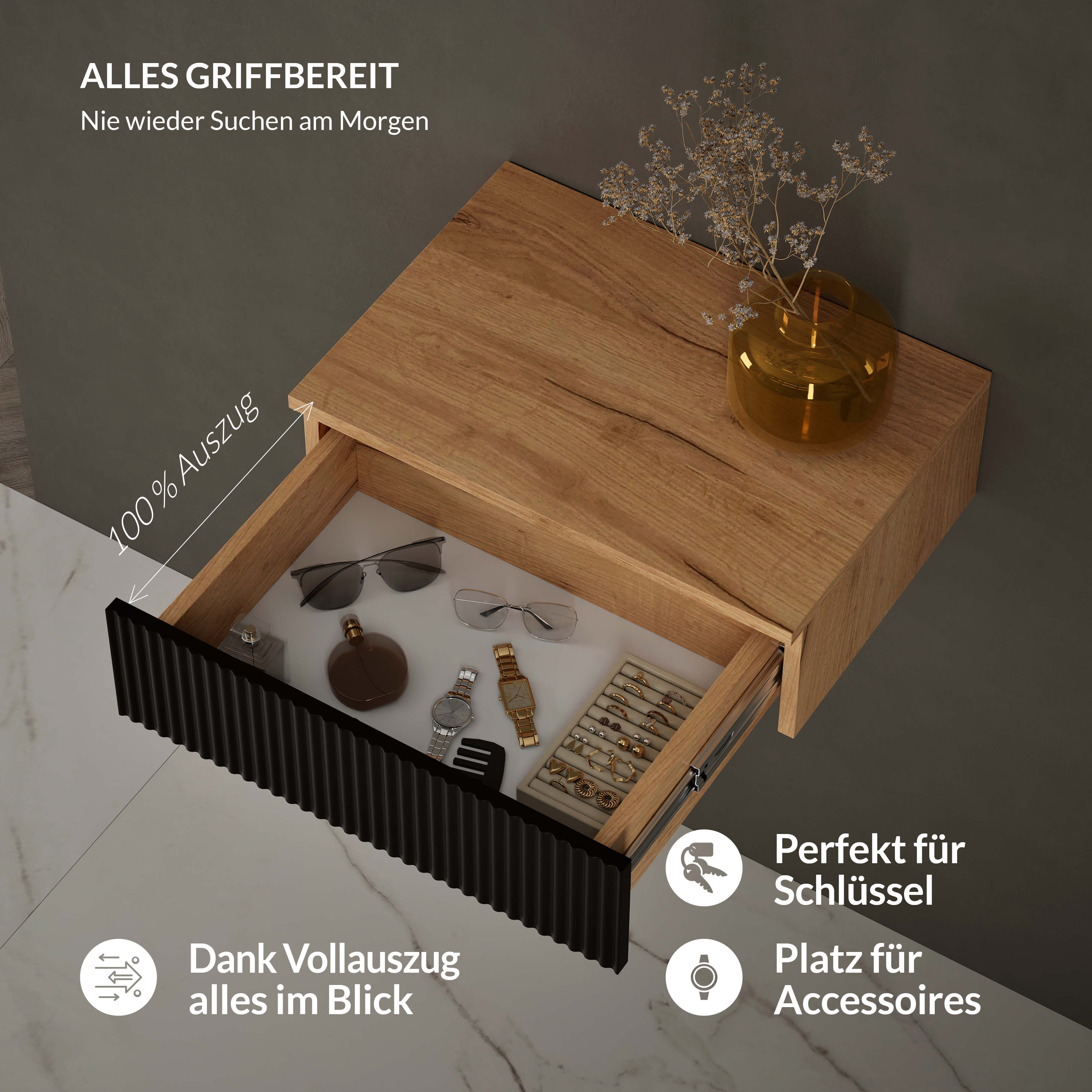 Planetmöbel Konsolentisch AMYRA (Wandmontage, 50 x 16 x 35 cm, 1-St., Gold Eiche - Schwarz), Wand-Konsole für Garderobe, Flur und Schminktisch