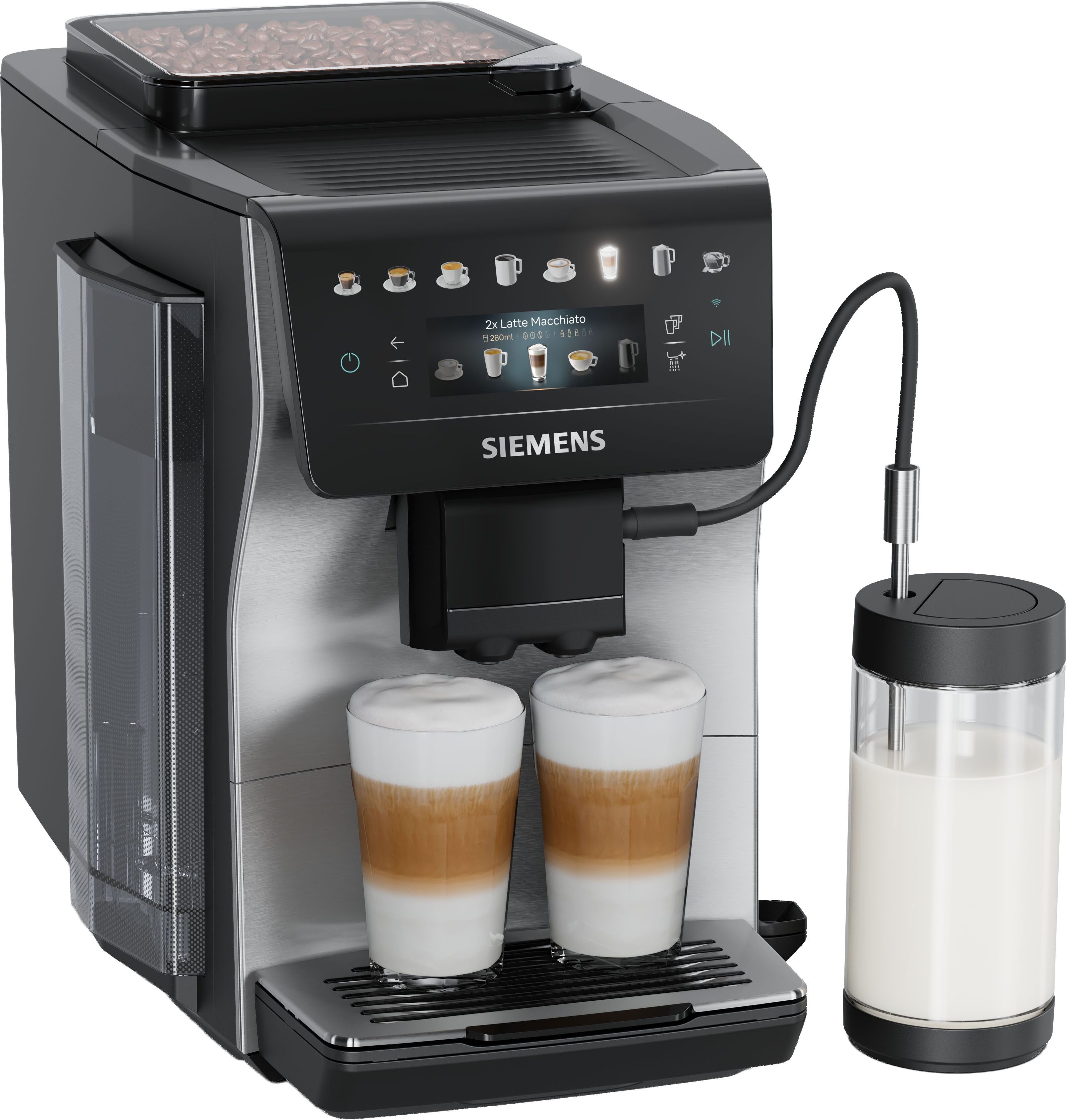 SIEMENS Kaffeevollautomat EQ600 TP605EM3, 8 Getränke, XL-Getränke, bis zu 480ml, Kannenfunktion, bis zu 10 Favoriten, Doppeltassenfunktion, Keramikmahlwerk, Edelstahl