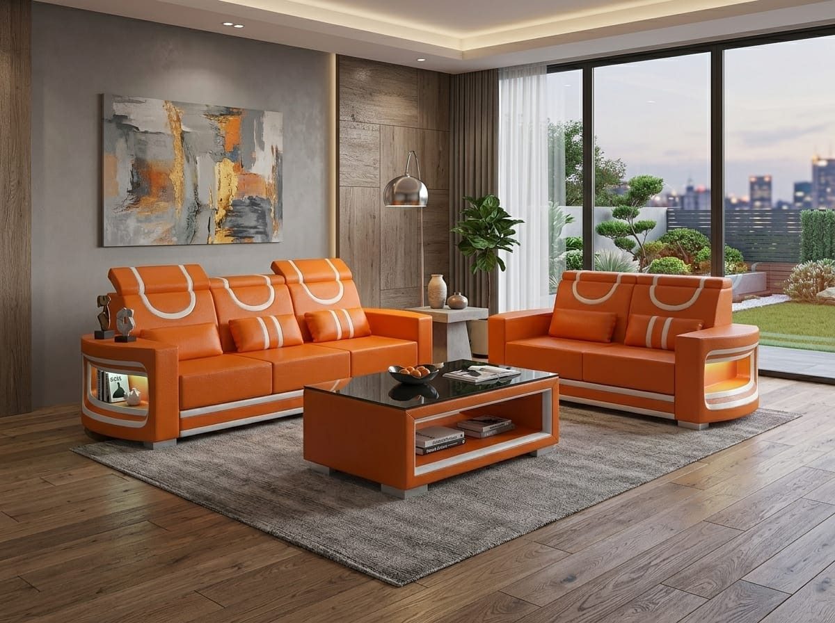 JVmoebel Polstergarnitur Sofa Set 3-Sitzer 2-Sitzer Orange Weiß Praktisch Wohnzimmer Design *, (2-tlg., 2-tlg)
