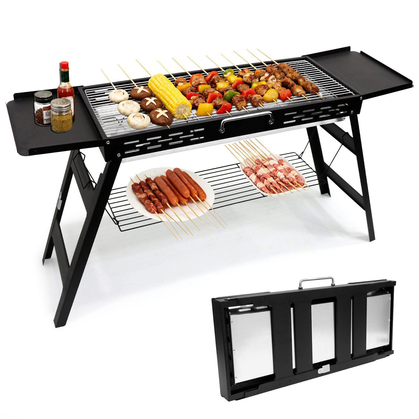 SunJas Holzkohlegrill K-603 Tragbar Klappgrill mit 2 Seitenablagen und Untergitter, Tischgrills Campinggrill, für 3–5 Personen für Garten, Outdoor‑Aktivitäten & Unterwegs