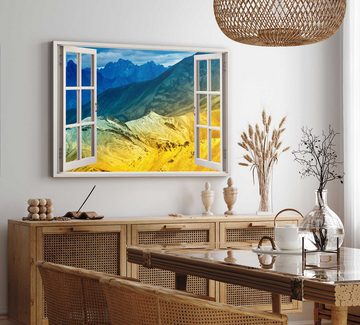 Sinus Art Leinwandbild Wandbild 120x80cm Fensterbild Berge Blau Orange Sonnenlicht Gebirge Na, (1 St)