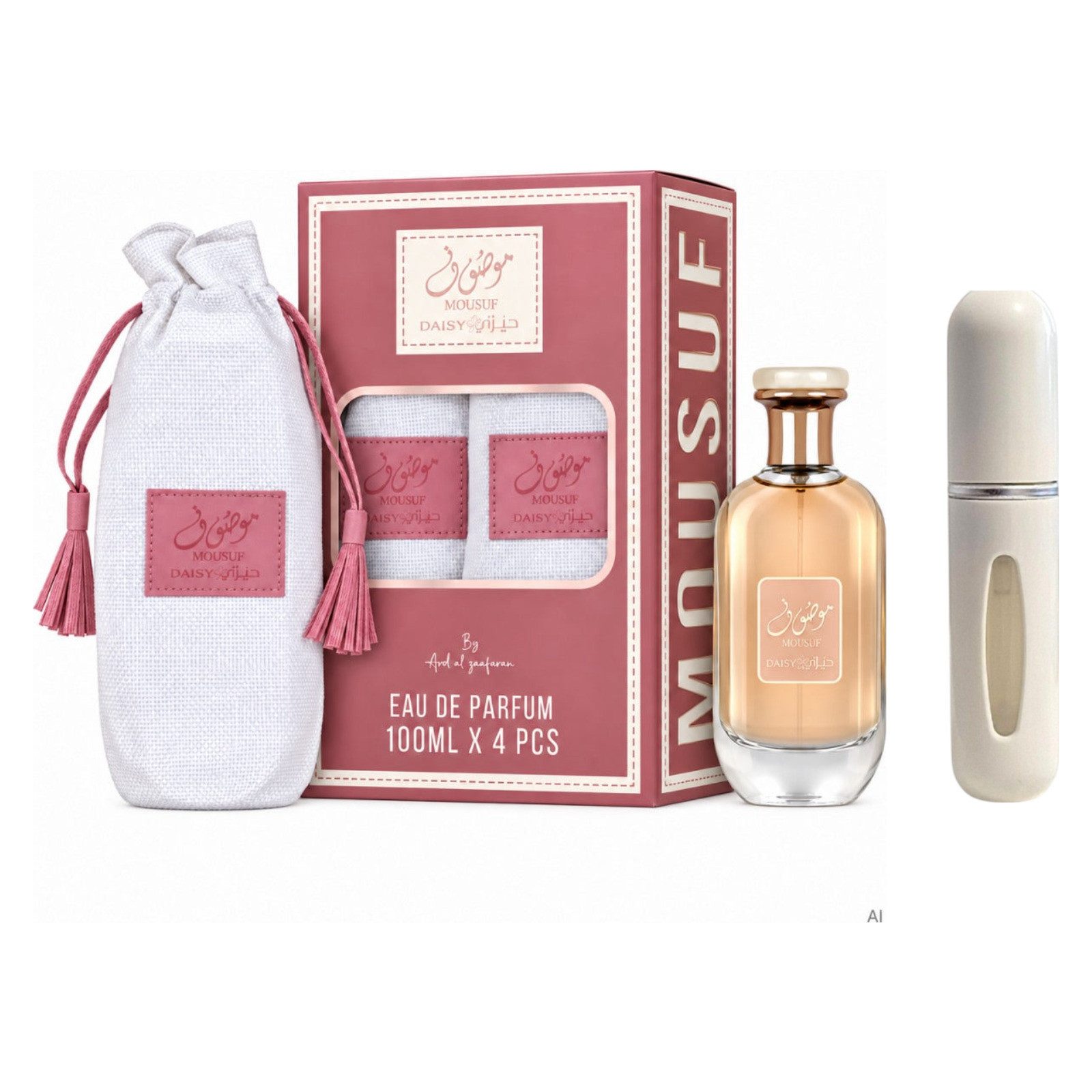 Ard Al Zaafaran Duft-Set Mousuf Daisy EDP – Blumig Fruchtig + Parfümzerstäuber (leer)