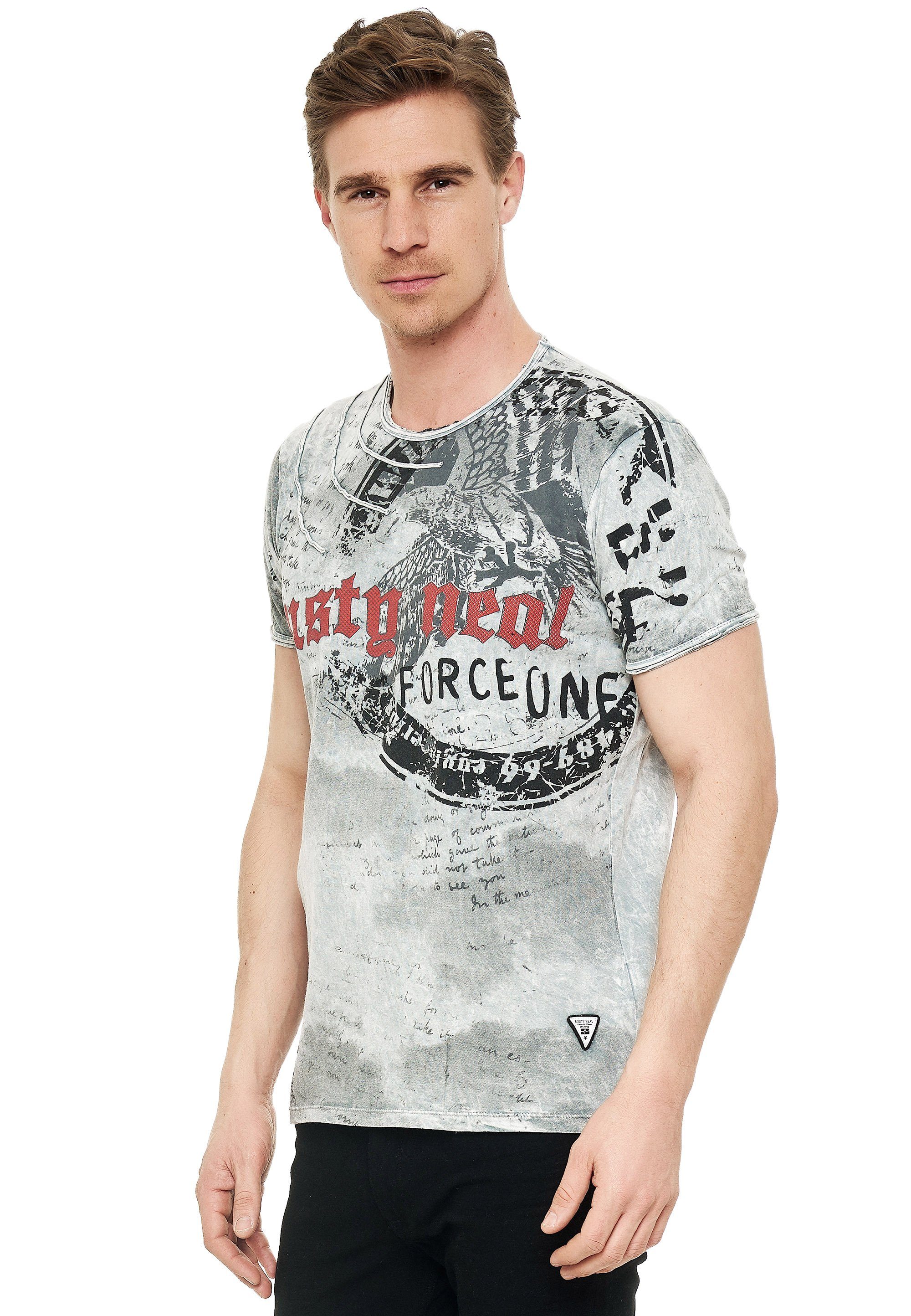 Rusty Neal T-Shirt mit hellgrau Print eindrucksvollem