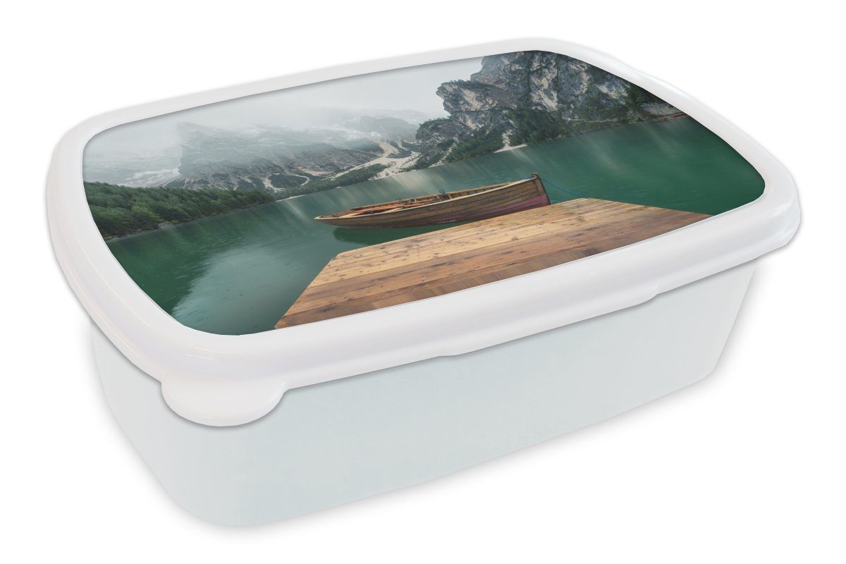 MuchoWow Lunchbox Nebel - Schnee - Berg - Boot, Kunststoff, (2-tlg), Brotbox für Kinder und Erwachsene, Brotdose, für Jungs und Mädchen weiß