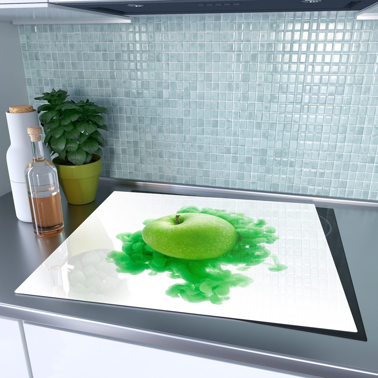Apfel Glas, Primedeco Grüner Glas Herdabdeckplatte auf aus Herd-Abdeckplatte Spritzschutz Tinte, tlg) (1