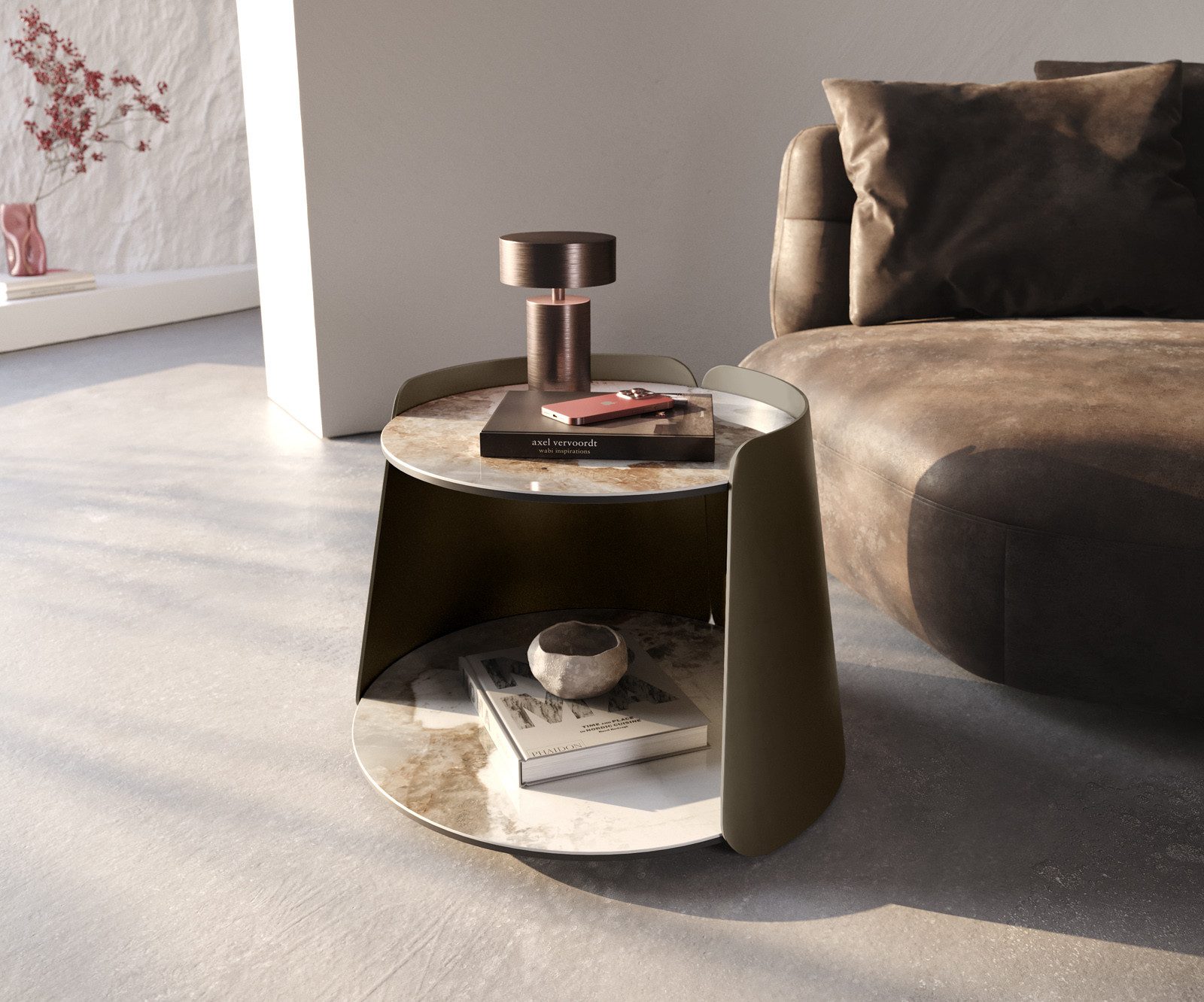 DELIFE Couchtisch Daban, Keramik Minas Melange Weiß-Beige 59x59 cm Gestell Metall Titanfarbig