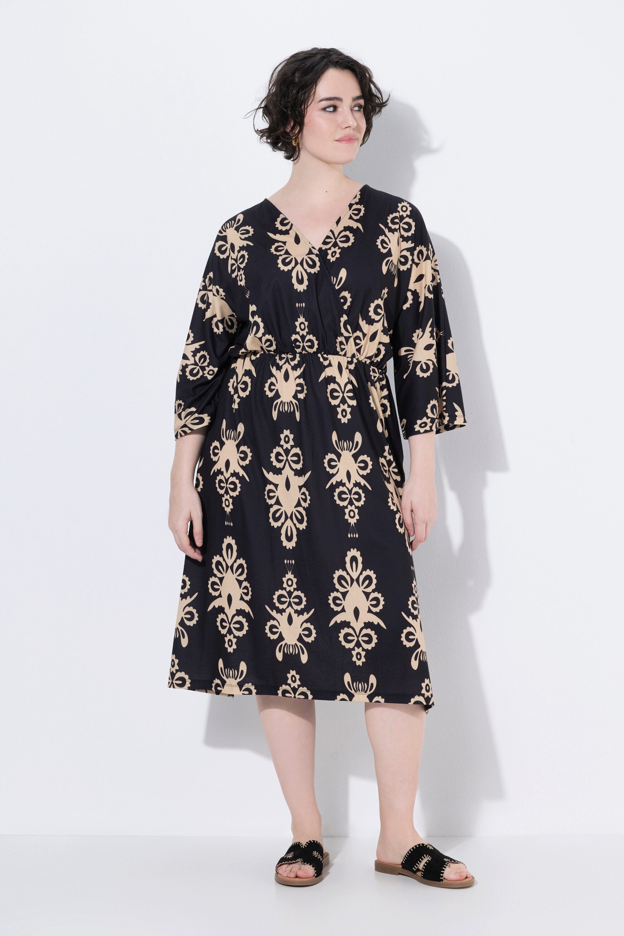 Midikleid Kleid Ornamente Wickeloptik V-Ausschnitt 3/4-Arm