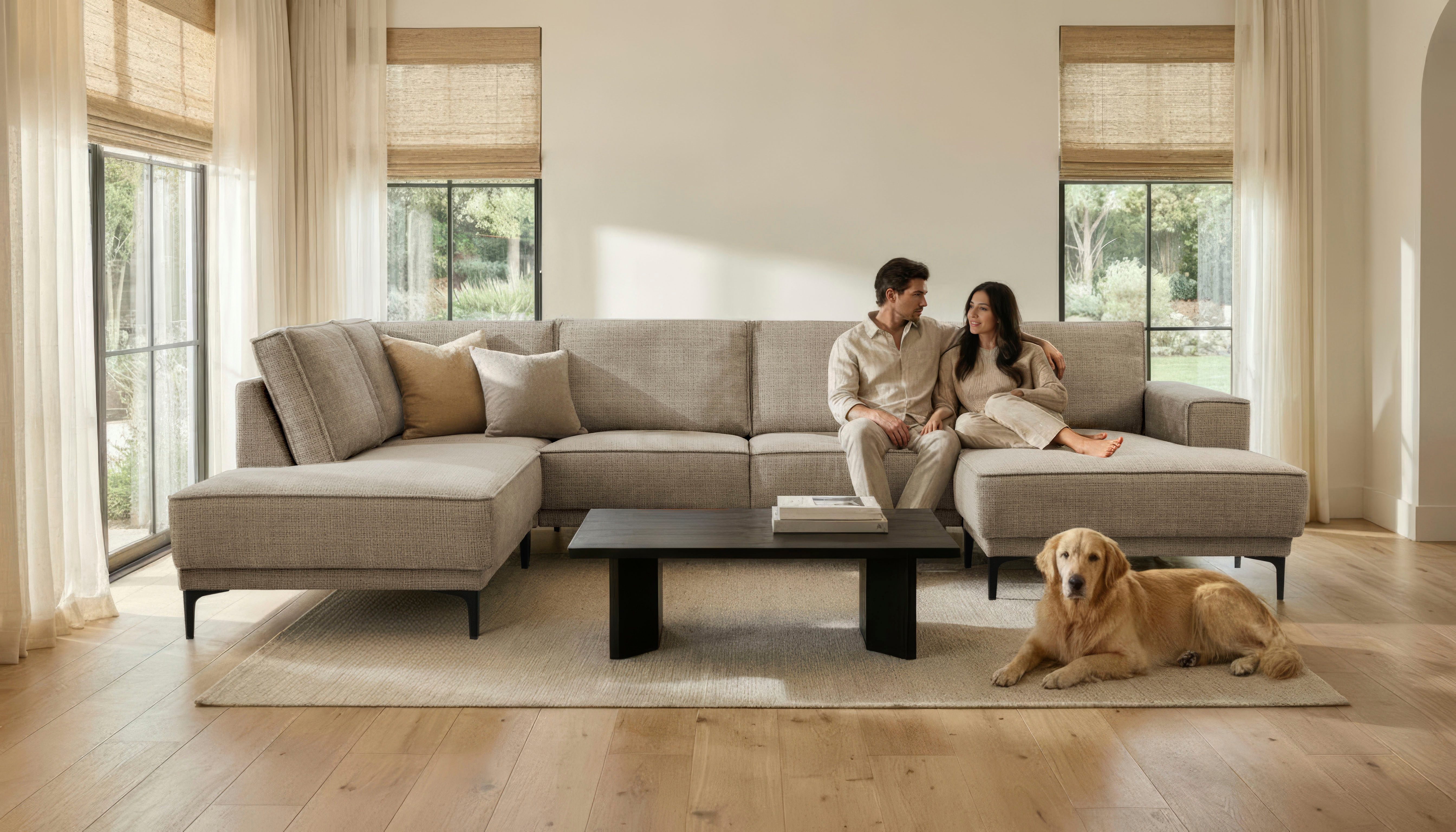 OTTO home Wohnlandschaft XXL Sofa Oland, Struktur, Flachgewebe, Luxus-Microfaser, Boucle, U-Form, 345 cm, Wellenunterfederung, Skandi-Design, Metallfüße