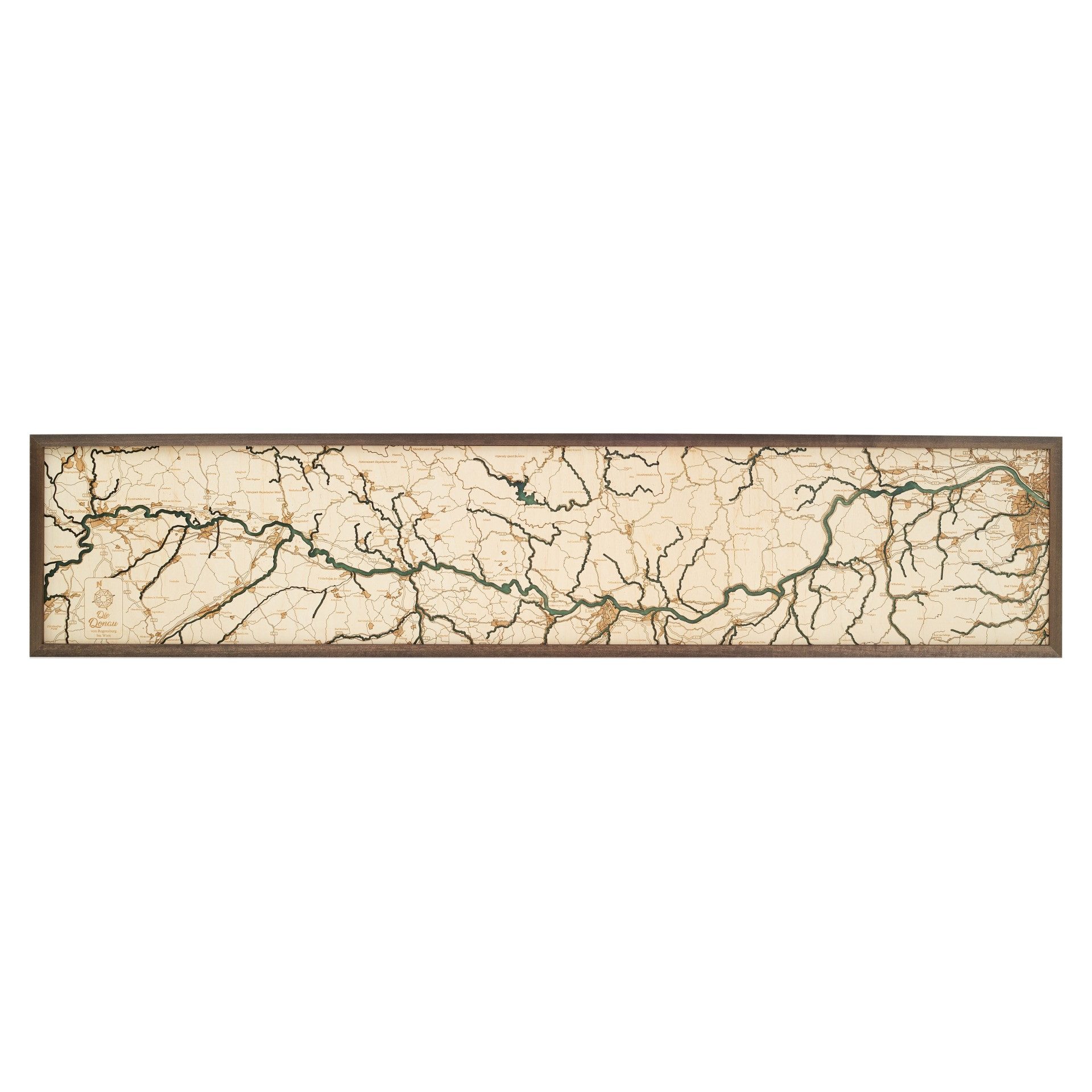 Cutting Brothers Holzbild Donau 152x30.5 cm, 3D Holz-Wandkarte, handgefertigt aus Echtholz