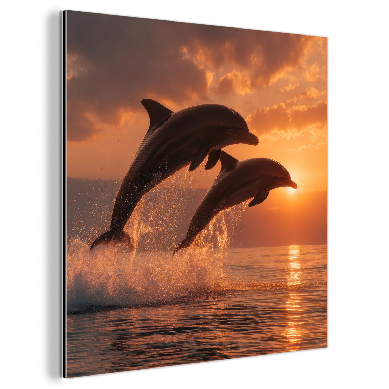 MuchoWow Metallbild Delfine - Meer - Realistisch, Inkl. Aufhängung, Alu-Dibond-Druck, Wandbild aus Metall, Aluminium deko, 20x20 cm