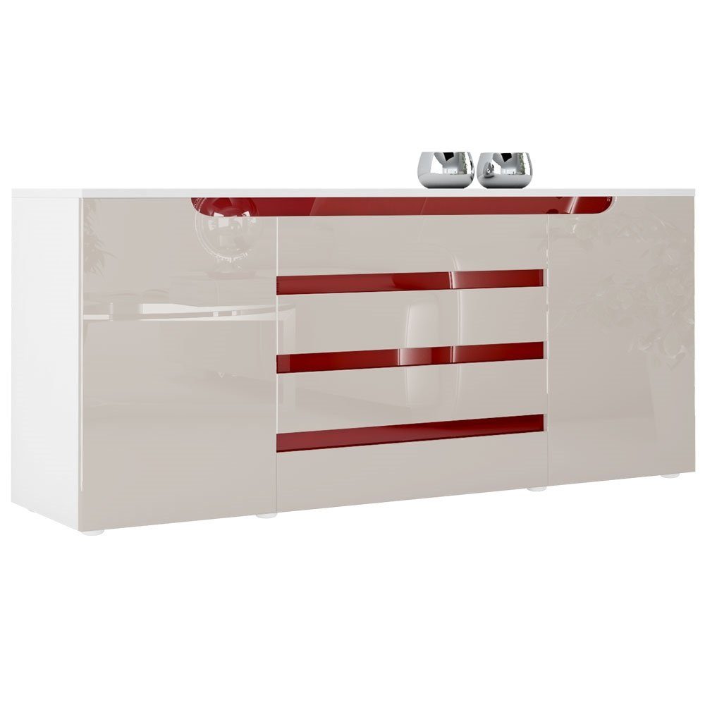 Vladon Sideboard Sylt (Kommode, mit 2 Türen und 4 Schubladen), Weiß matt/Sandgrau Hochglanz/Bordeaux Hochglanz (166 x 72 x 35)