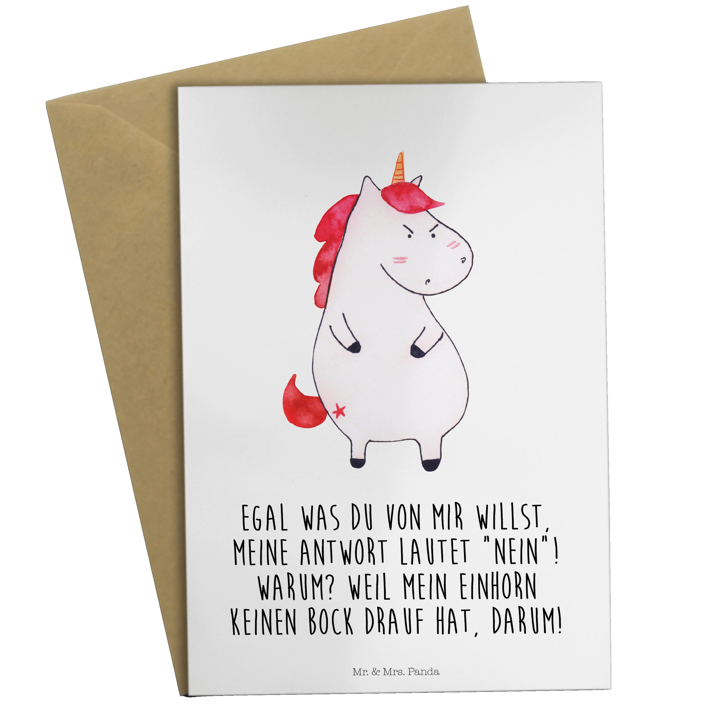 Mr. & Mrs. Panda Grußkarte Einhorn wütend - Weiß - Geschenk, Glückwunschkarte, Pegasus, Unicorn