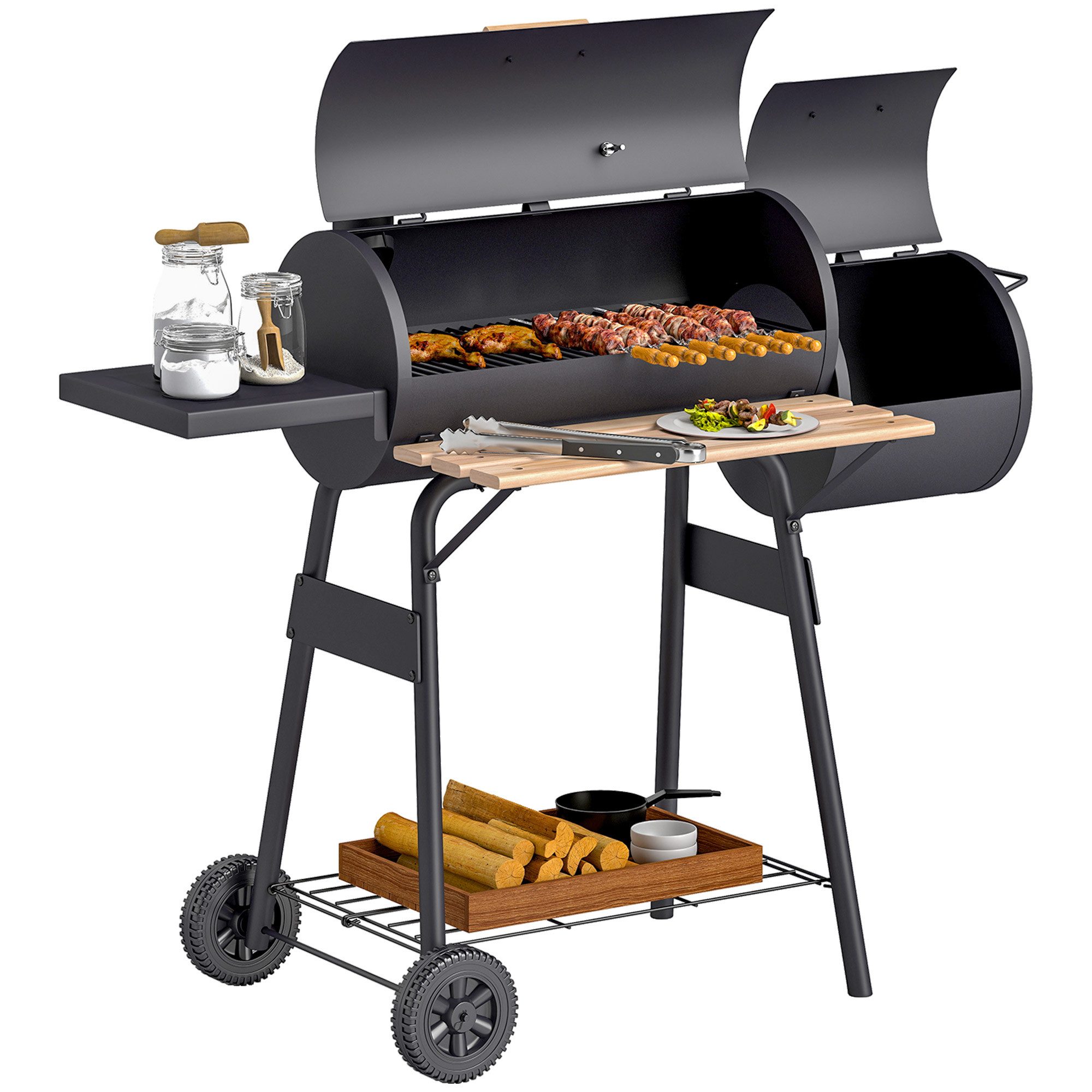 MC Star Holzkohlegrill Holzkohlegrill mit Deckel und Räucherfunktion, Gartengrill mit Ablagen und Rädern, 124 x 53 x 104 cm, Schwarz