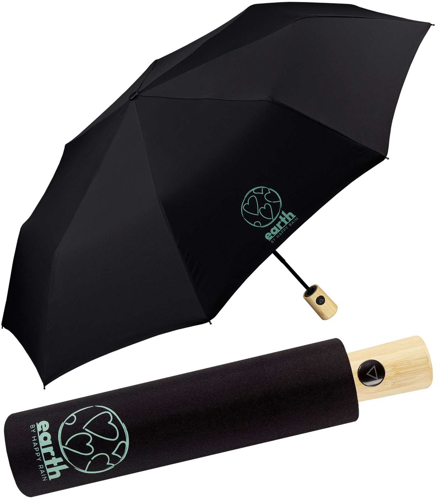 HAPPY RAIN Taschenregenschirm Earth - nachhaltiger Schirm mit Auf-Automatik, gut geschützt etwas für die Umwelt tun schwarz