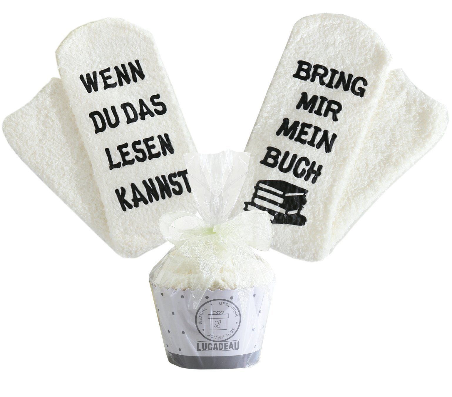 Lucadeau Kuschelsocken Geschenke für Frauen, Wenn du das lesen kannst, bring mir Buch, (Cupcake Verpackung, Gr. 37-43) rutschfest, Socken mit Spruch, Geschenk zum Ostern