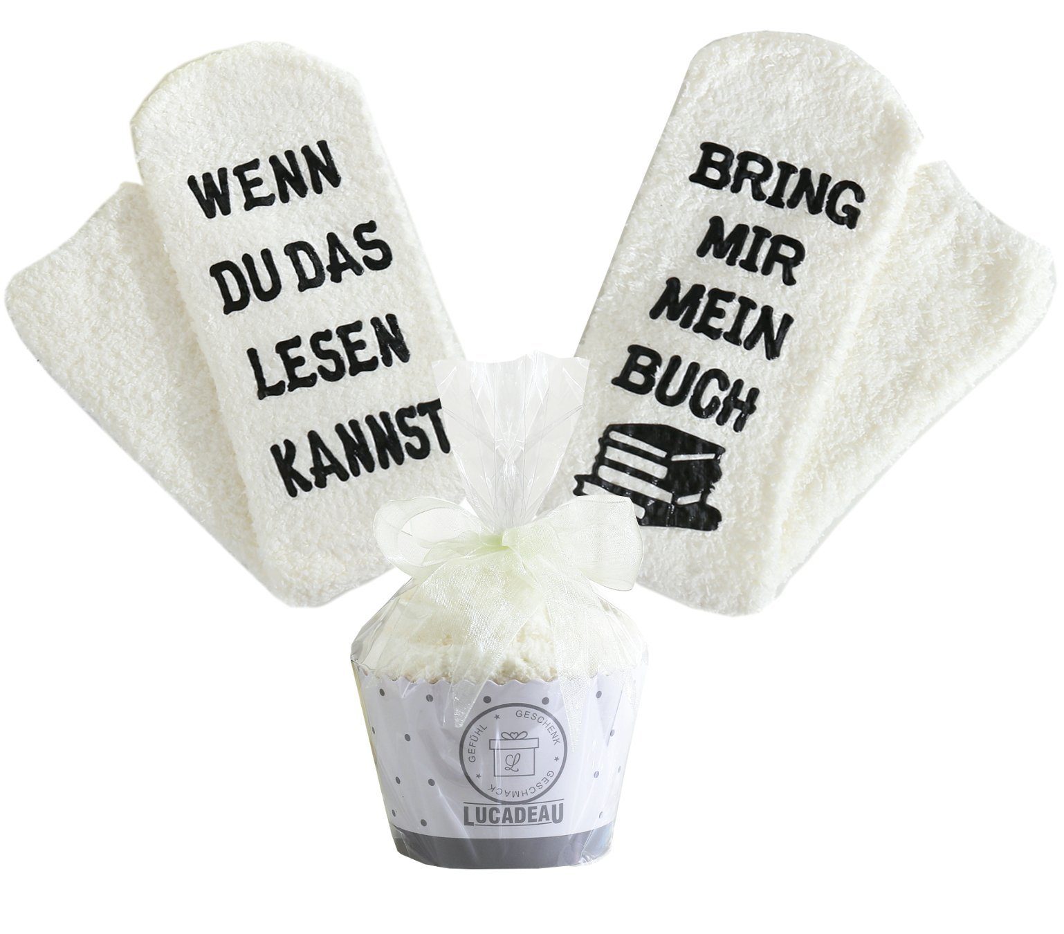 Lucadeau Kuschelsocken Geschenke für Frauen, Wenn du das lesen kannst, bring mir Buch, (Cupcake Verpackung, Gr. 37-43) rutschfest, Socken mit Spruch, Geschenk zum Geburtstag