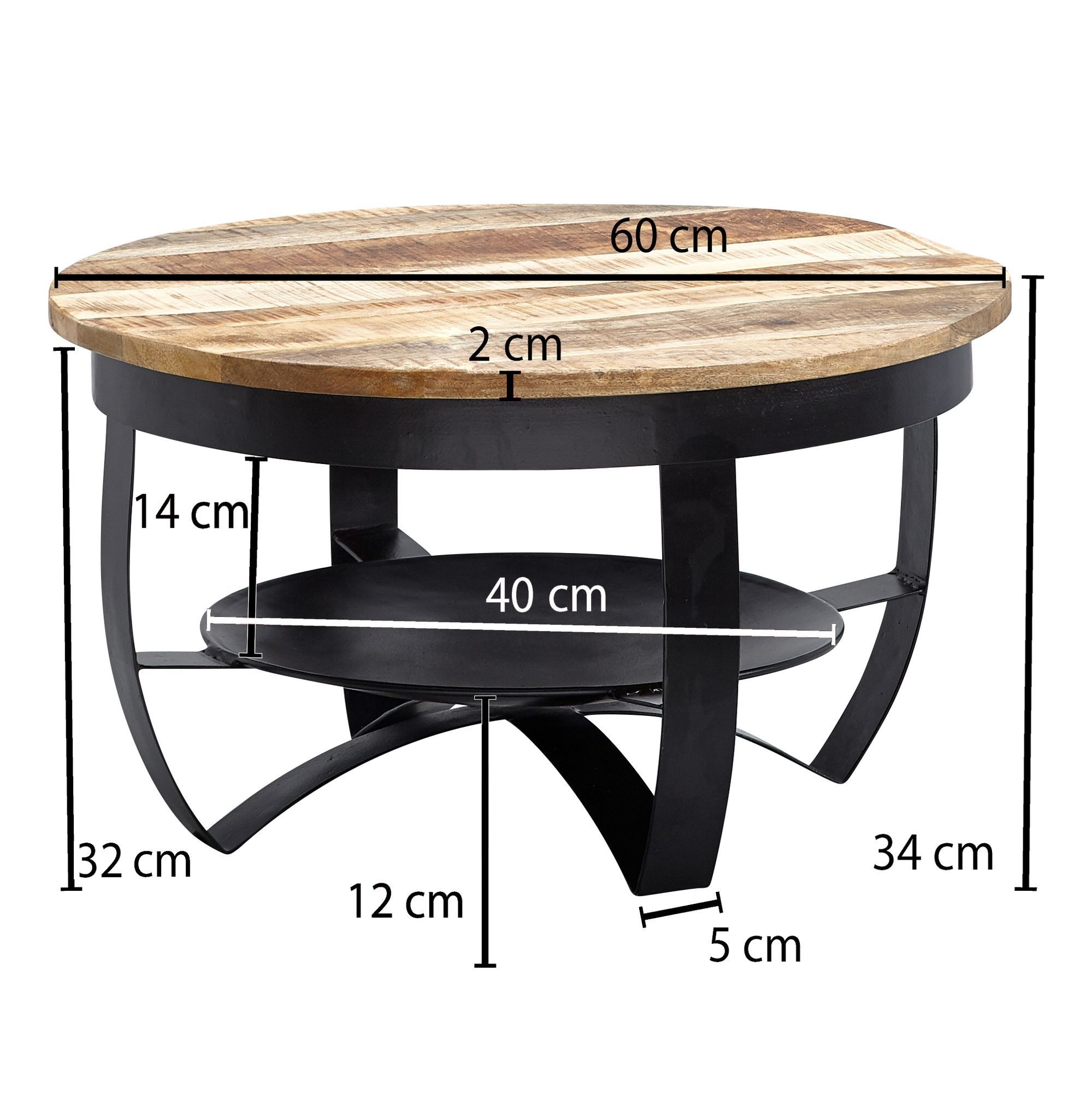FINEBUY Couchtisch FB63625 60 cm Wohnzimmertisch Holz Massiv Tisch Wohnzimmer (60x34x60 cm Mango Massivholz Metall Schwarz Rund), Sofatisch mit Stauraum, Wohnzimmertisch Industrial
