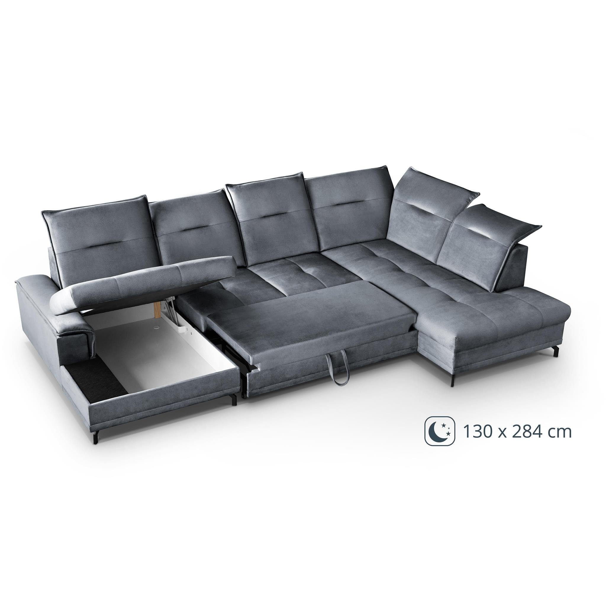 Beautysofa Polsterecke Bruno U, mit (element XXL, Polsterecke Sitztiefenverstellung, verstellbaren 08) mit U-Form Gelb Kopfstützen, Bettfunktion, Bettkasten