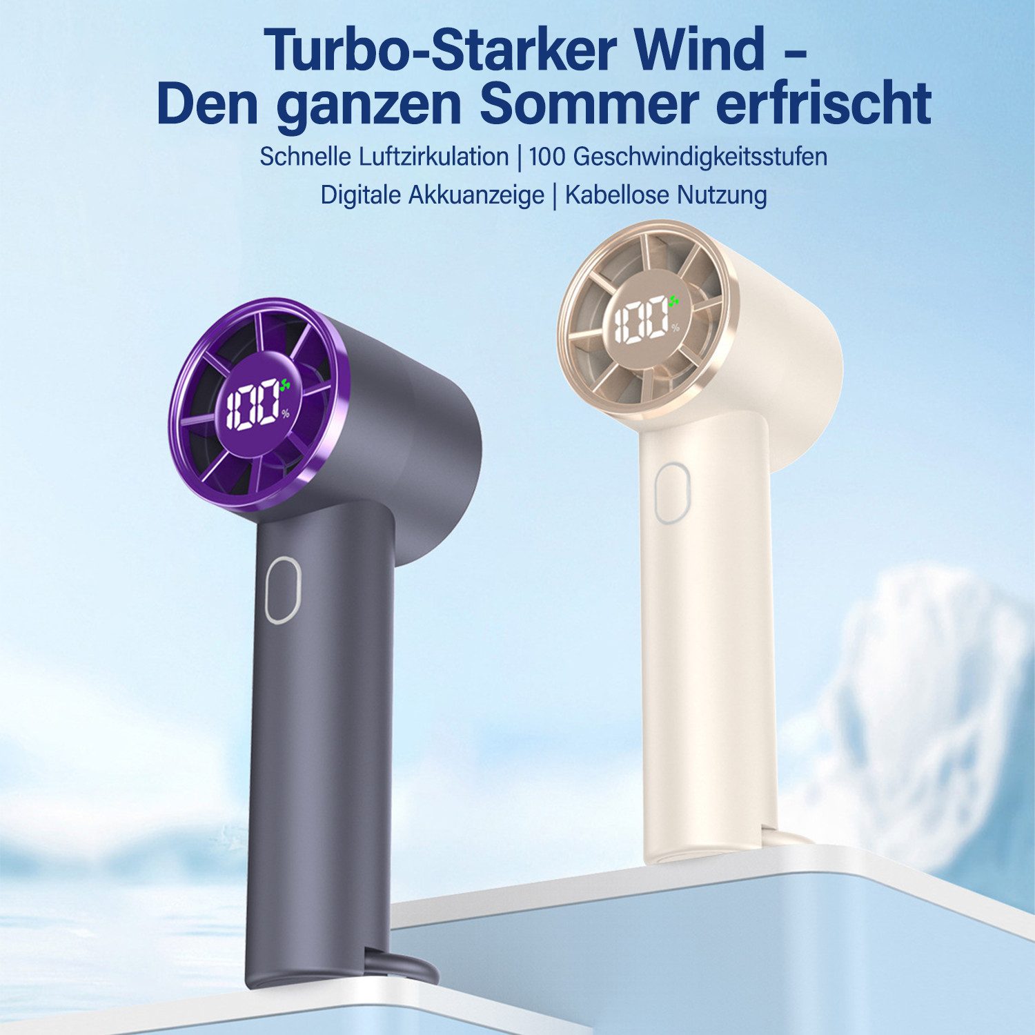 MOPUEA Handventilator Mini Akku Ventilator USB Leise 100 Stufen Tragbares Mit LED Anzeige, Leiser Turbo Luftstrom tragbar wiederaufladbar mit Display