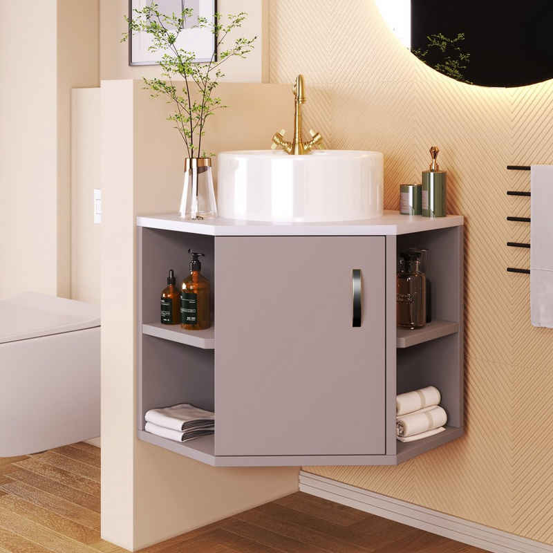 Ulife Badmöbel-Set Badezimmermöbel, aufgehängter Waschtischunterschrank mit Sockelbecken, Hängeschränke mit Marmorarbeitsplatten und Armaturenöffnungen
