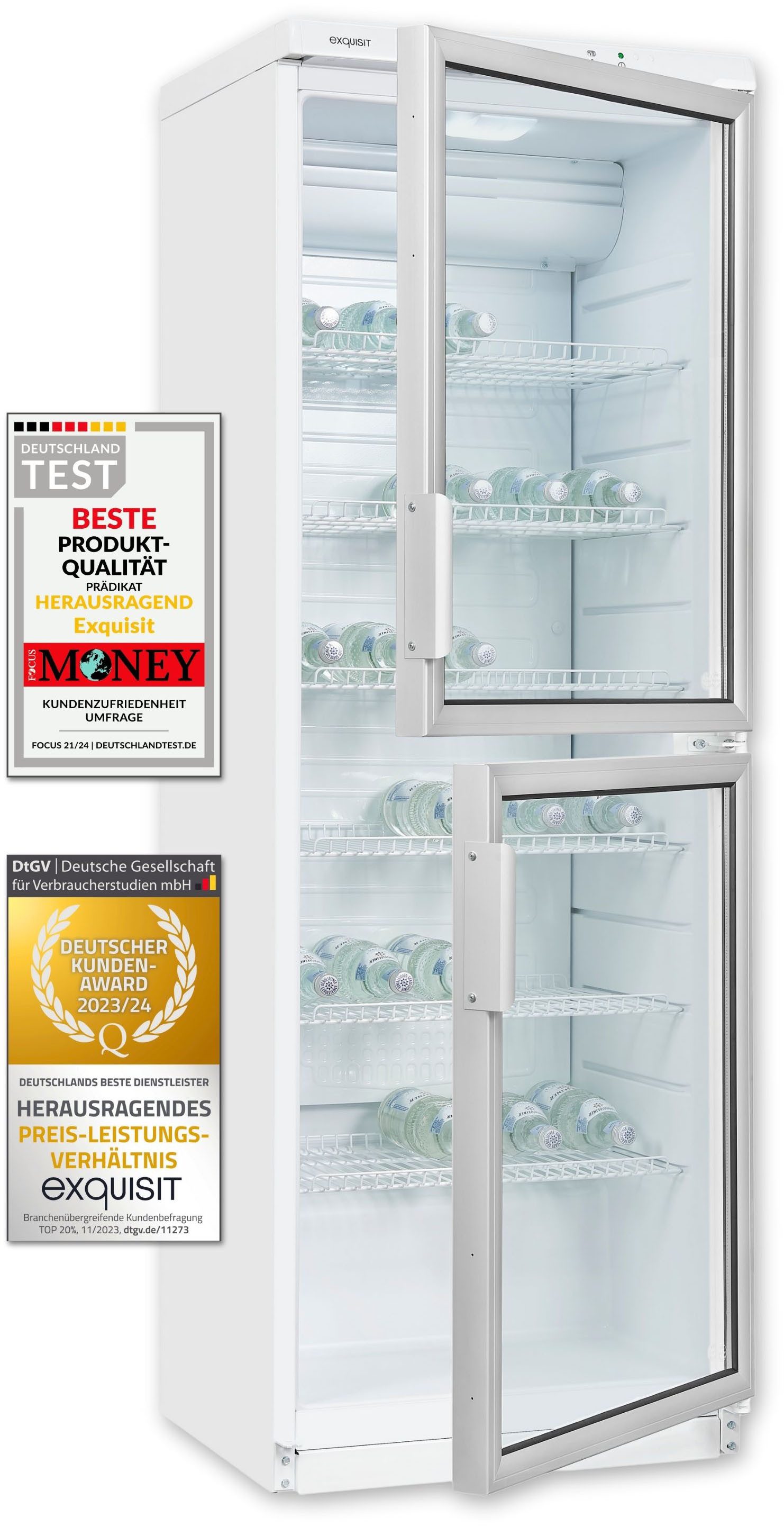 exquisit Getränkekühlschrank GKS350-2-GT-280D weiss, 173 cm hoch, 60 cm breit, 2 Türen für das Entnehmen der Getränke, effizient wenig Kühlverlust