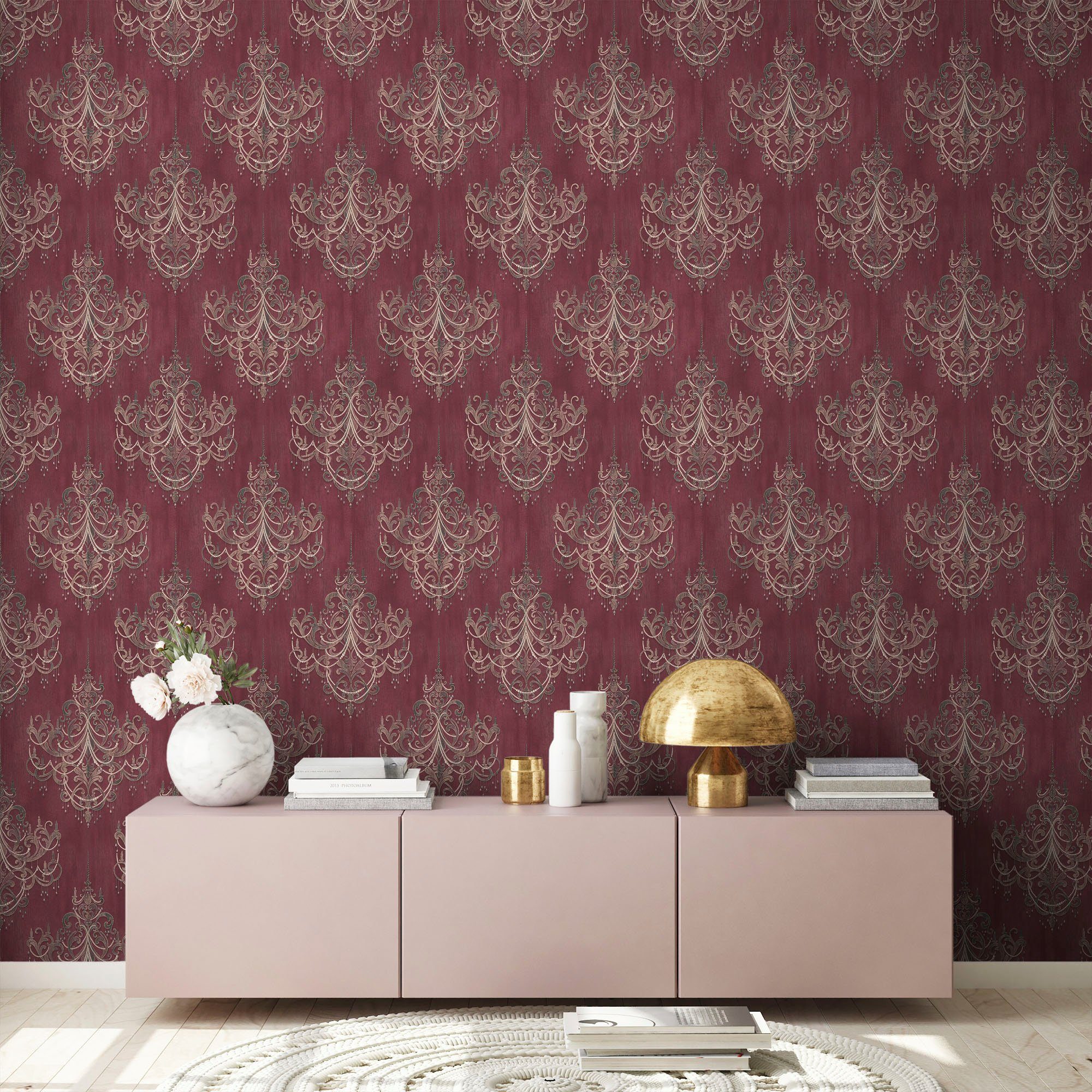 dunkelrot/rosa Tapete gemustert, walls living Mata Barock, Ornament strukturiert, Barock Vliestapete ornamental, Hari,