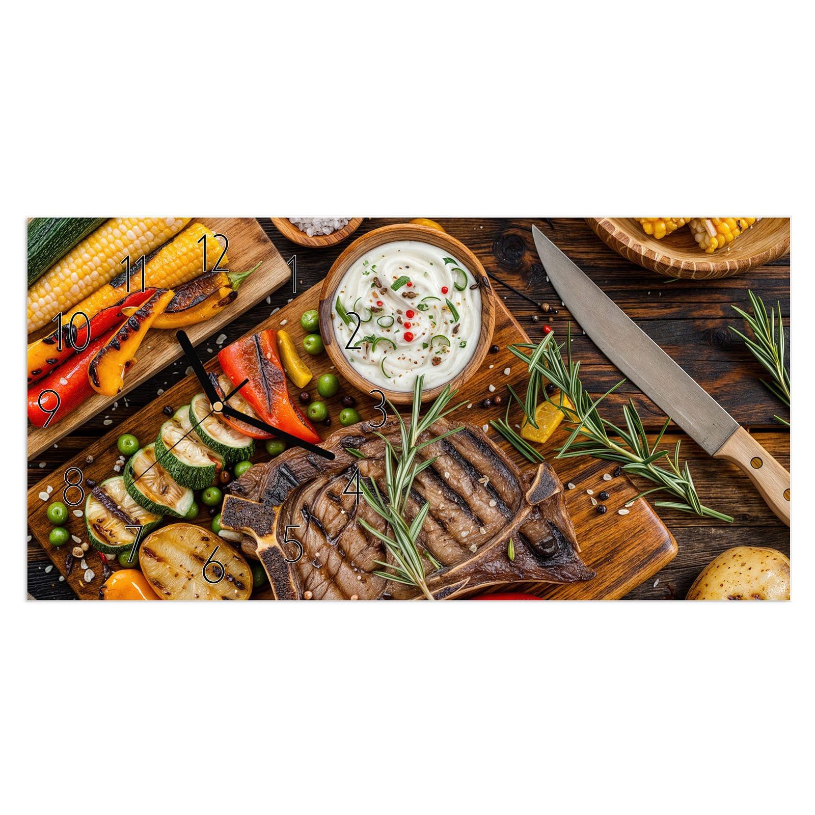 Wanduhr Glasuhr Wandkunst Größe 60 x 30 cm mit Motiv Grillmahlzeit