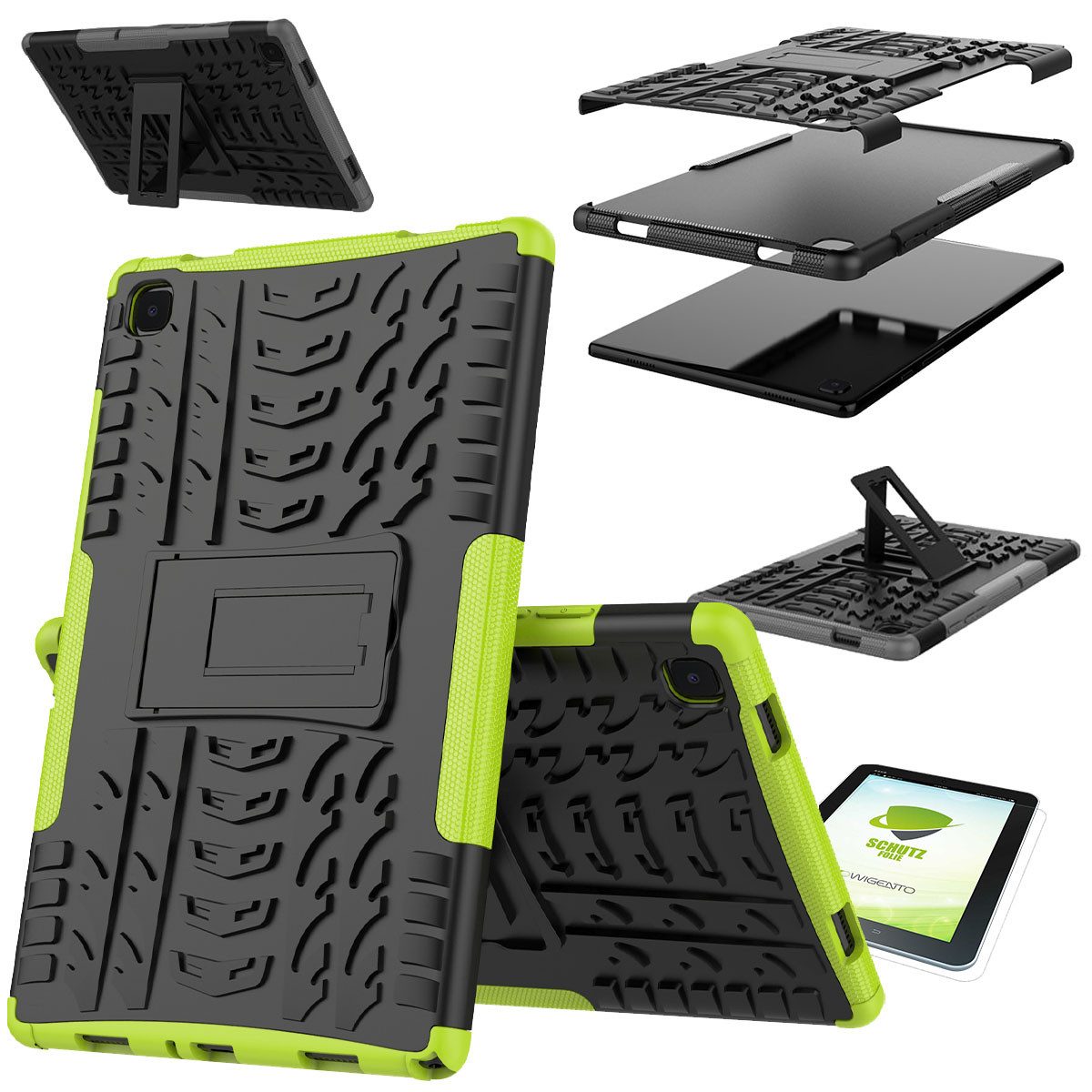 Wigento Tablet-Hülle Für Samsung Galaxy Tab A7 T500 / T505 2020 Hybrid Outdoor Schutzhülle Grün Tasche + 0.3 H9 Schutzglas