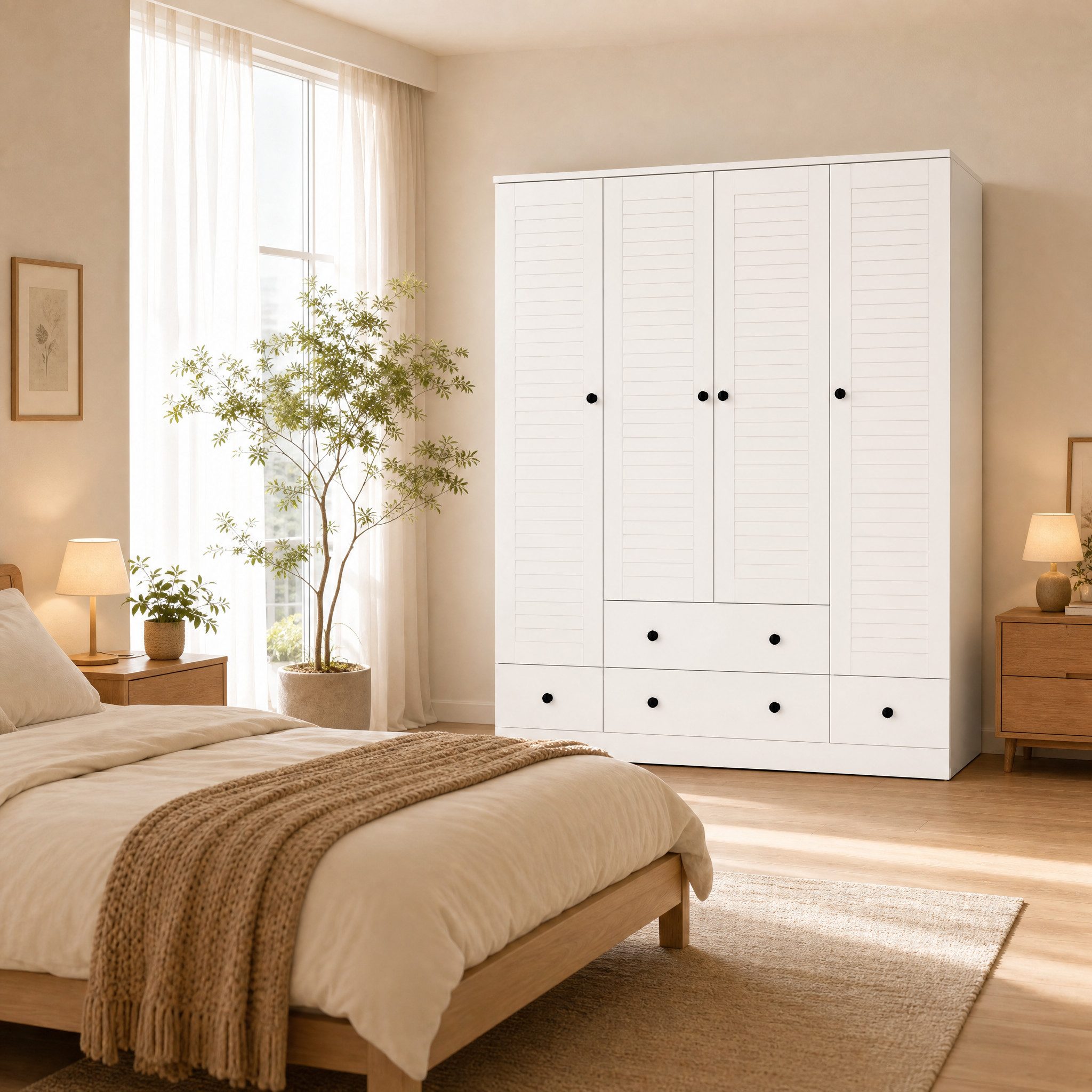 FUFU&GAGA Kleiderschrank 150cm Rollladentür Weiß, 5 Schubladen, Garderobe