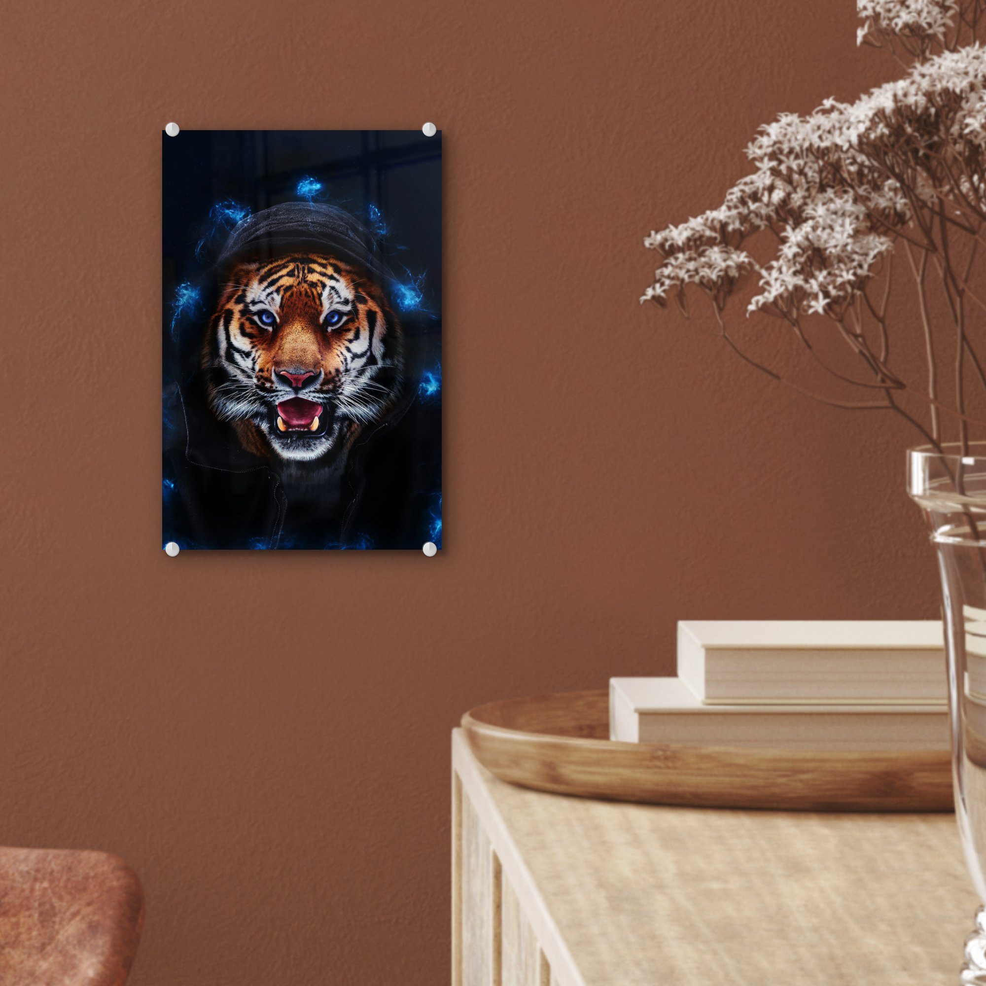 Glas Tiger Wandbild Bilder Foto - - St), bunt Glasbilder Glas Blau, Acrylglasbild - MuchoWow Porträt - (1 - auf Wanddekoration auf