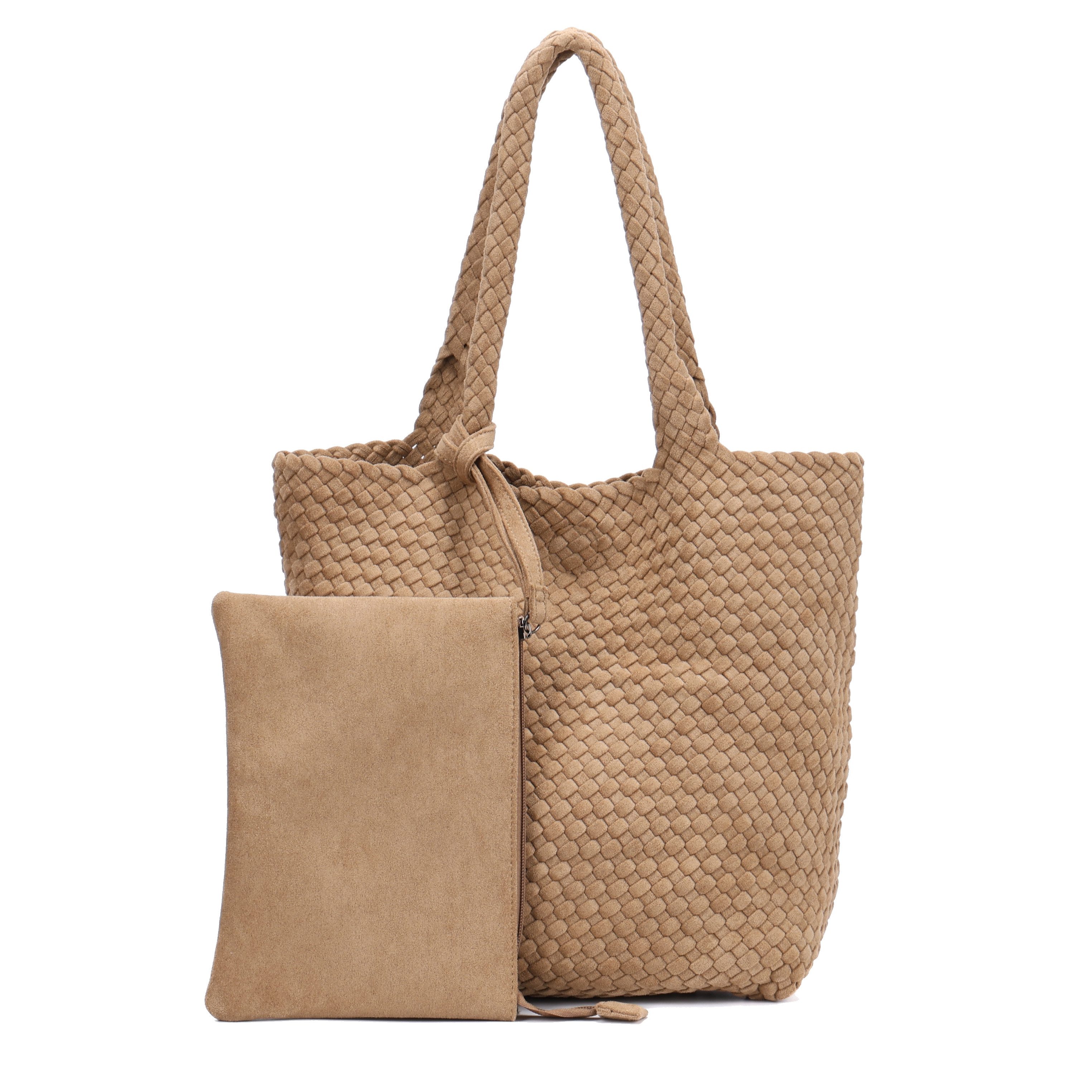 MIRROSI Shopper Damen Schultertasche Handgeflochten Wildleder-Optik (Schultertasche mit kleiner Zusatztasche, ca.36x14x31 cm), große Hobo Bag mit Innentasche