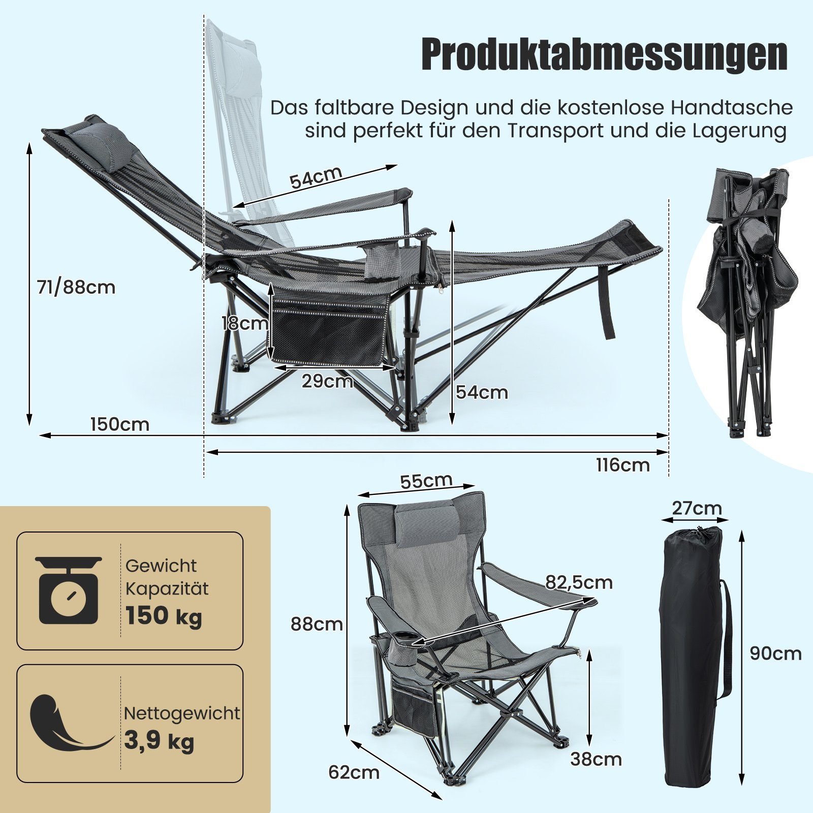COSTWAY Campingstuhl Angelstuhl, faltbar mit Kopfstütze günstig online kaufen