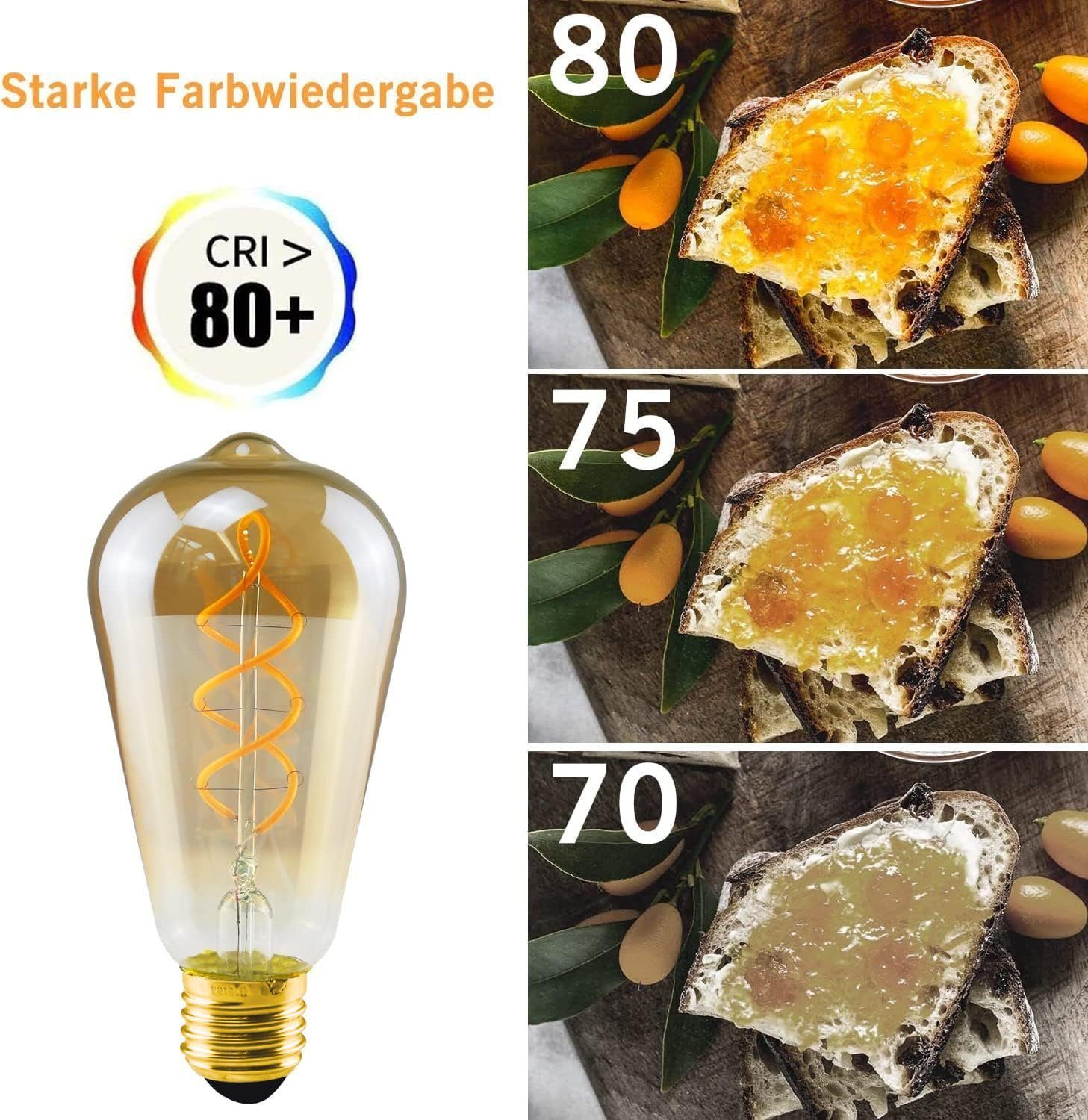 ZMH LED-Leuchtmittel LED Edison Glühbirne E27 Vintage Glühlampe Dekorativ ST64 Antike Bulb, E27, 1 St., Warmweiß, transparente/Bernsteinglas Vintage Tropfenmust – Bild 3 von 5