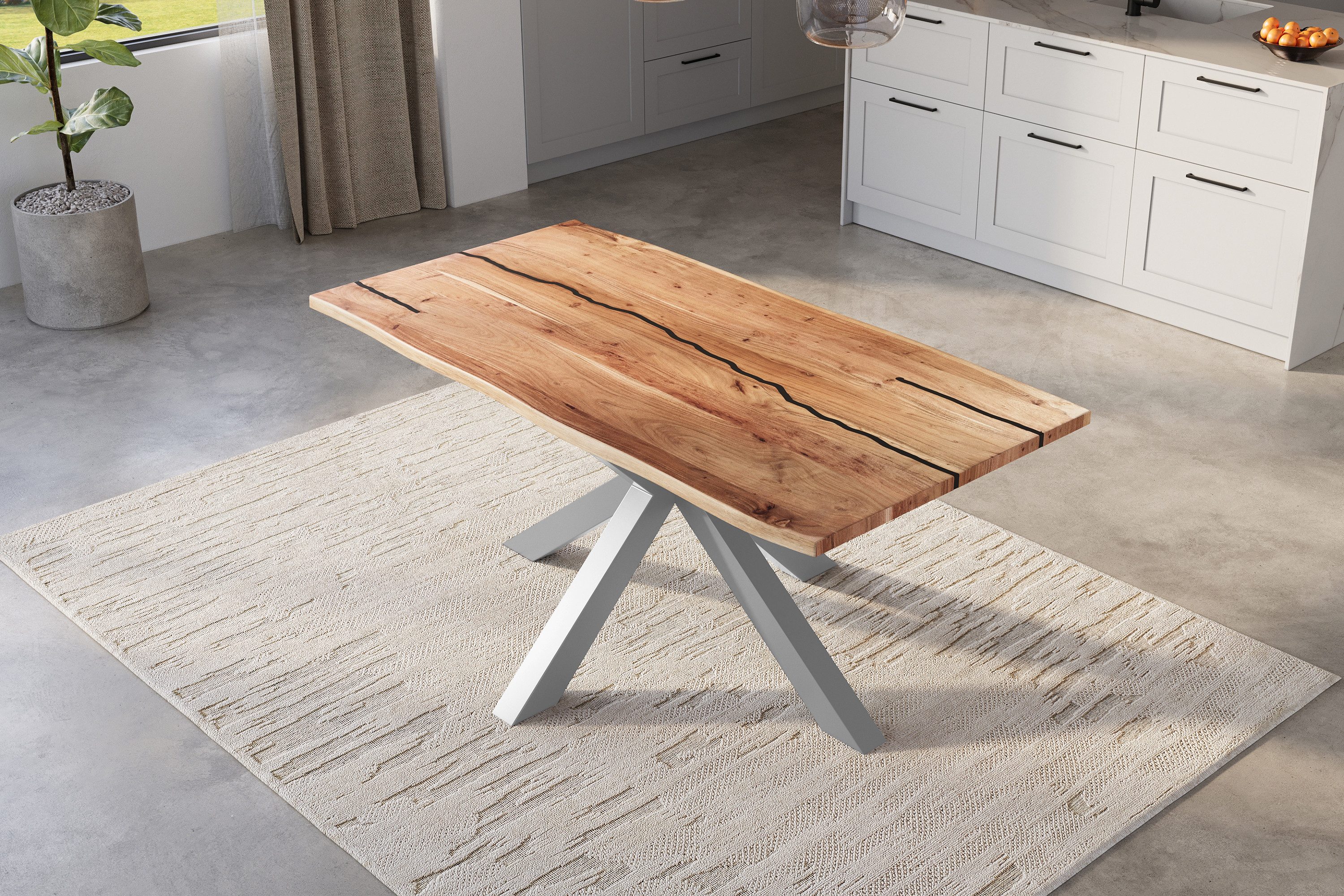 SAM® Baumkantentisch Daisy, Akazienholz, Baumkante, schwarze Resin-Adern, Metallgestell