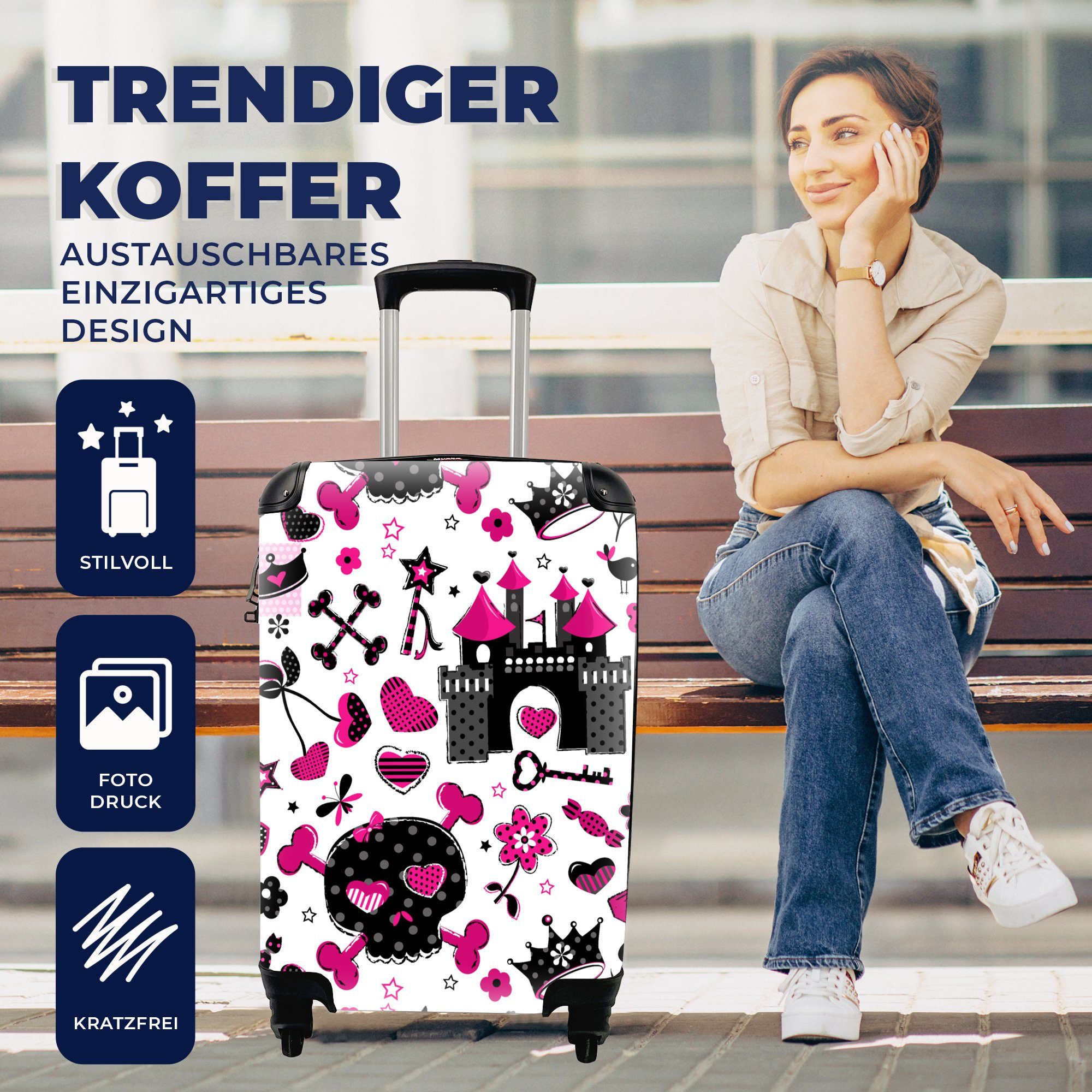 Ferien, Kind MuchoWow Trolley, - für - - Reisetasche Krone Herz Handgepäckkoffer Mädchen Muster Kinder, Rollen, - 4 Mädchen - rollen, - mit Handgepäck Reisekoffer