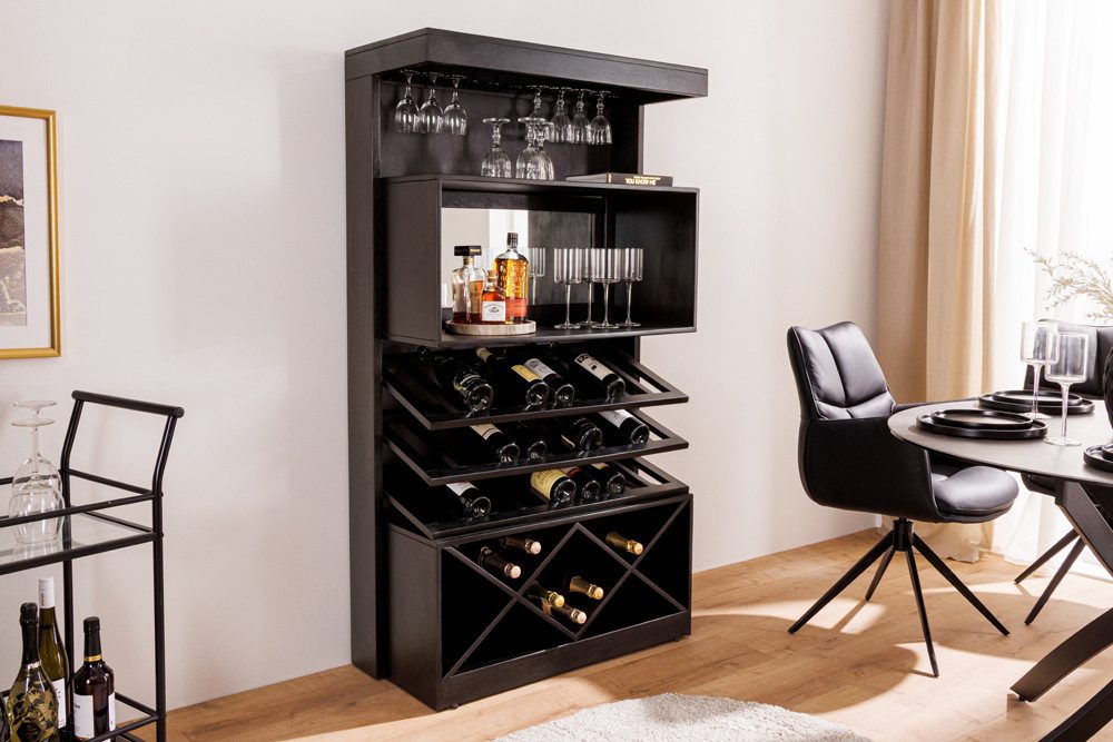riess-ambiente Barschrank SCORPION 160cm schwarz - Mango-Massivholz, handmade, Hausbar, Spiegel (Einzelartikel, 1-St) Flaschenregal & Glas-Aufbewahrung - ideal für Küche oder Esszimmer