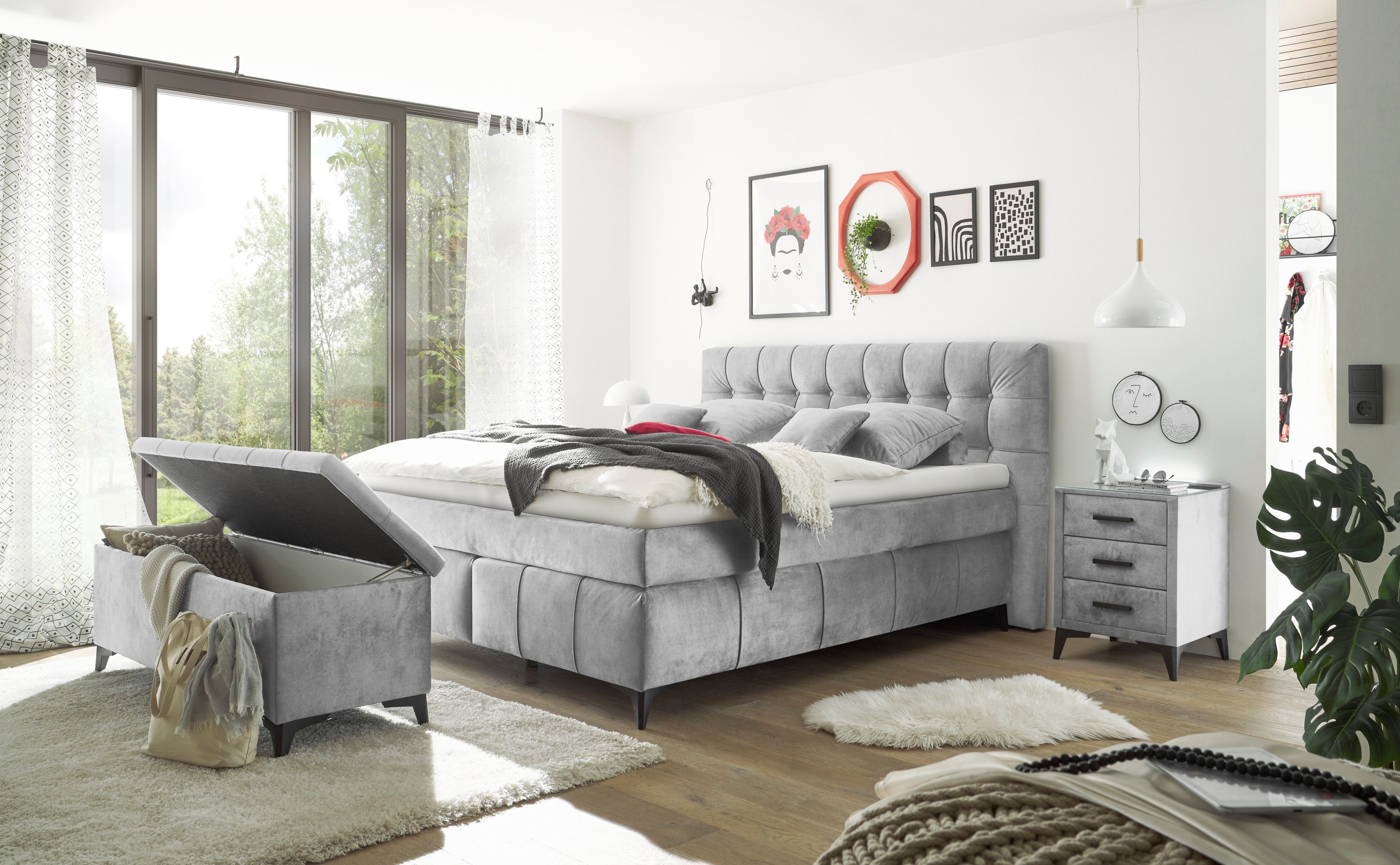 Boxspringbett Kokosmatte, ED DESIGN Oregon, Filzabdeckung - inkl. Duo-Matratze grau EXCITING