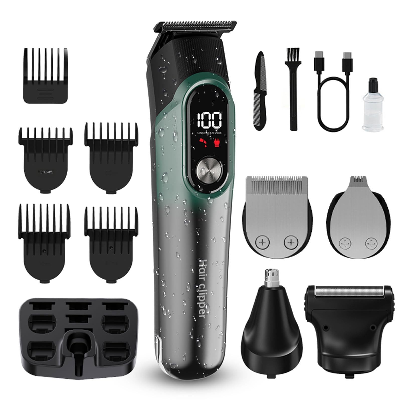 Tekoo Haarschneider Multigroomer Set 5-in-1 Haarschneider Barttrimmer Herren USB-C LED, Komplettes 15-teiliges Pflegeset, 5-in-1 System, R-förmige Sicherheitsklingen, Reisesicherung