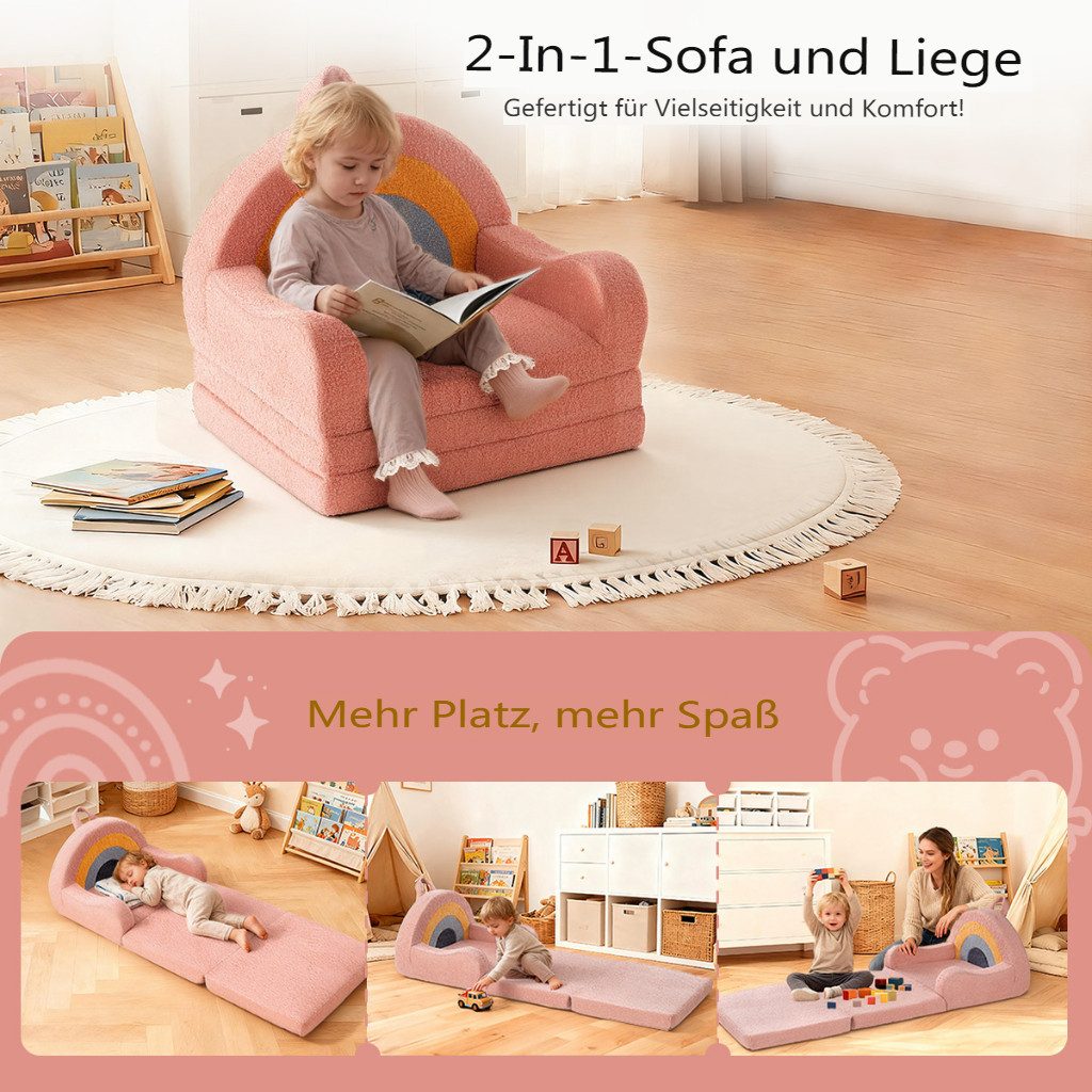 Insma Kindersofa 2-in-1 Kinder Schlafsofa Spielsofa Sofabett Klappbar, Kindersessel Spielcouch mit Regenbogen-Design, 120×50×41cm, Maximale Tragfähigkeit 45 kg