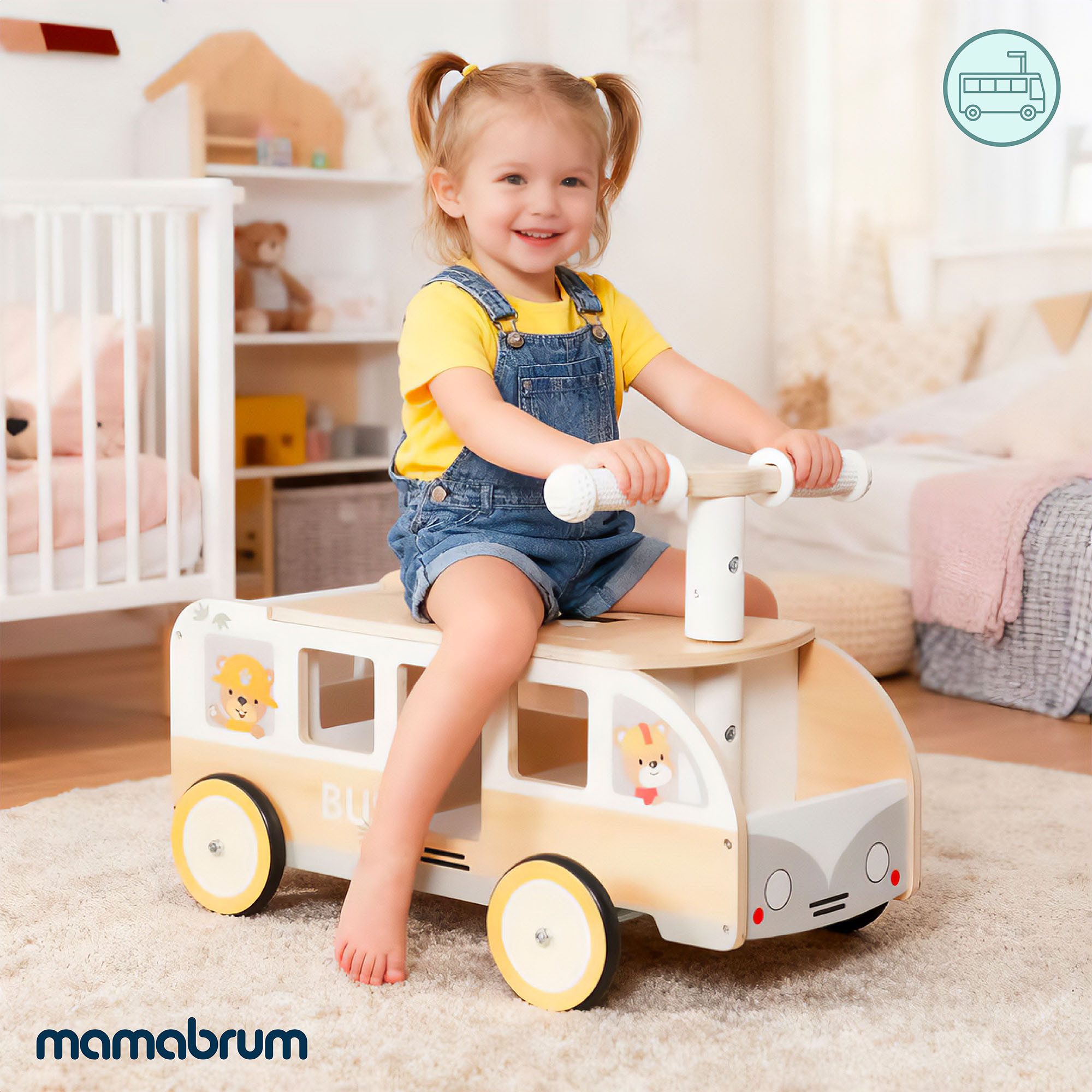 Mamabrum Spielzeug-Auto Kinder Rutschauto aus Holz Bus mit Stauraum & Lenkrad