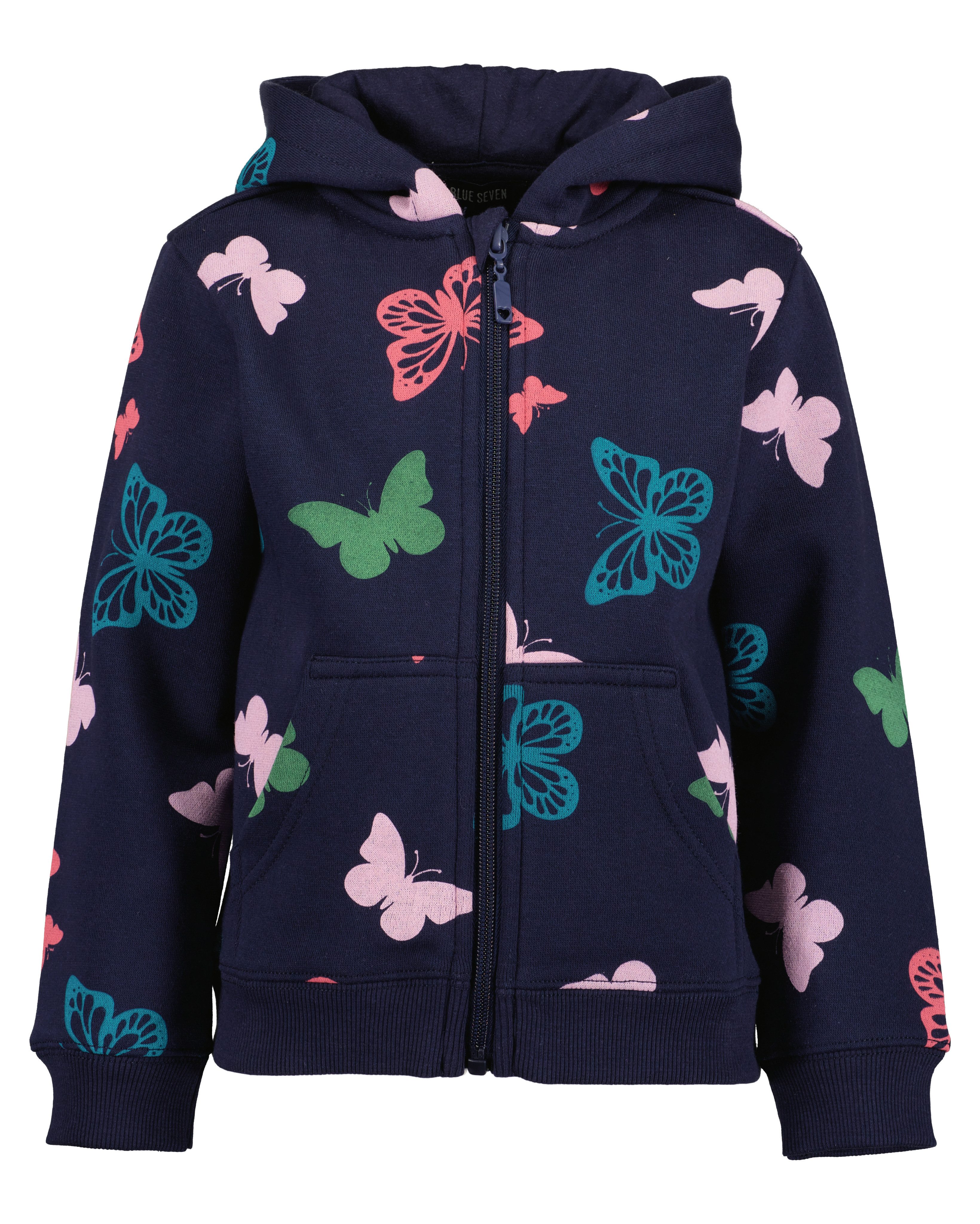 Blue Seven Kapuzensweatjacke mit Kängurutasche und tollem Schmetterlings-Alloverdruck