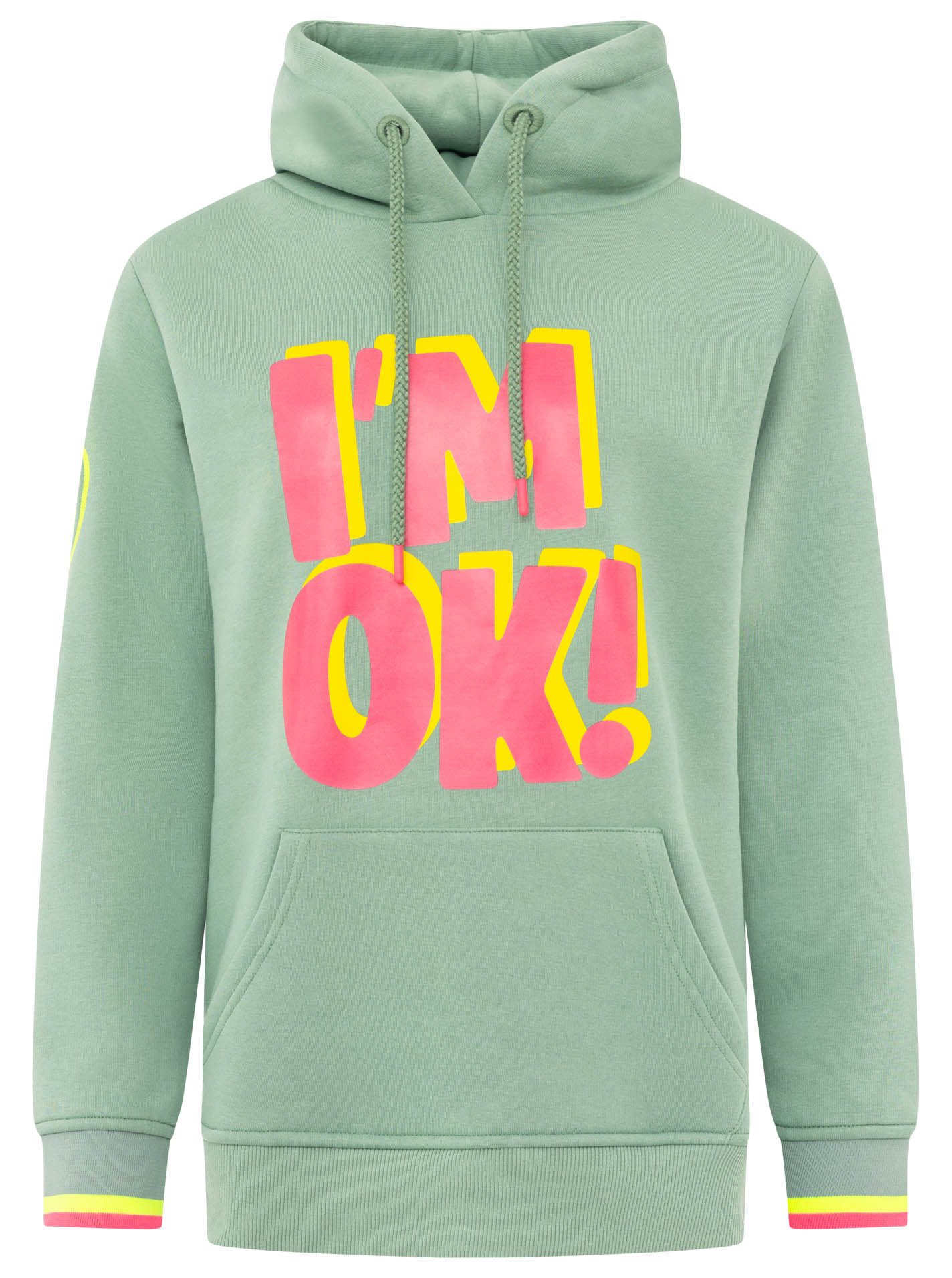 Zwillingsherz Hoodie "I'M OK" großer Print vorne, gestreifte Ärmelbündchen, Herz Stickerei am Arm – Bild 2 von 5